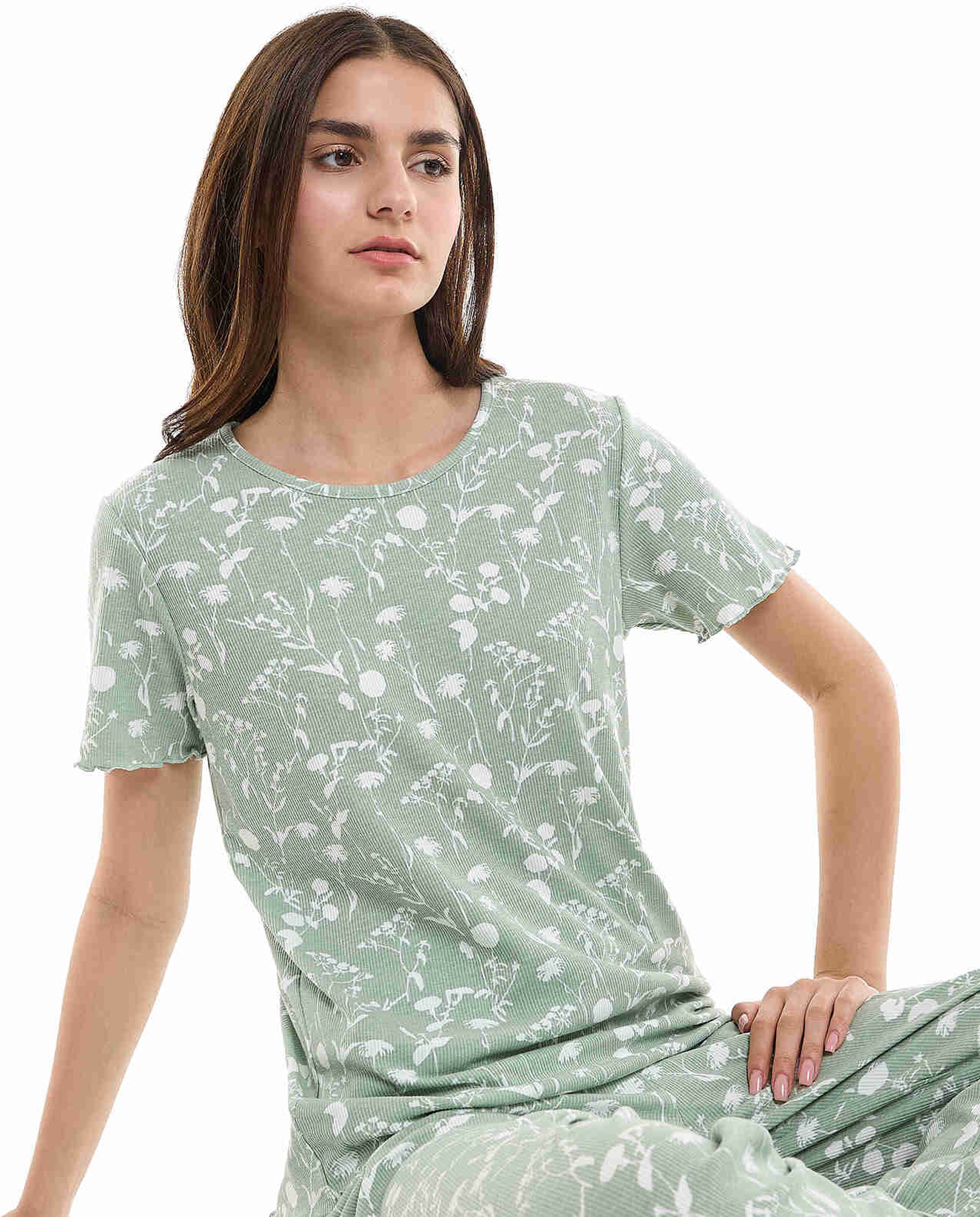 Printed Sleep Top with Crew Neck and Short Sleeves