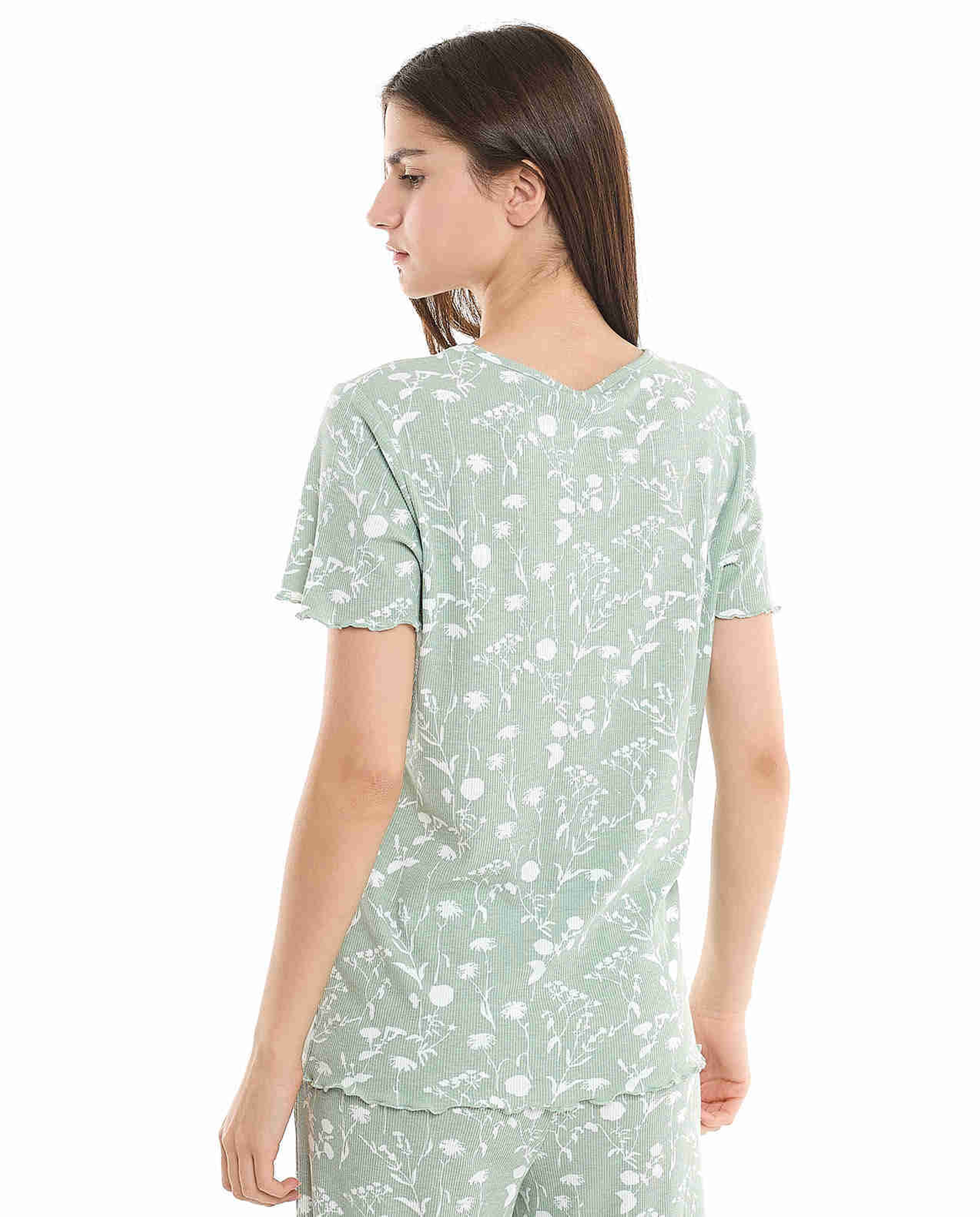 Printed Sleep Top with Crew Neck and Short Sleeves