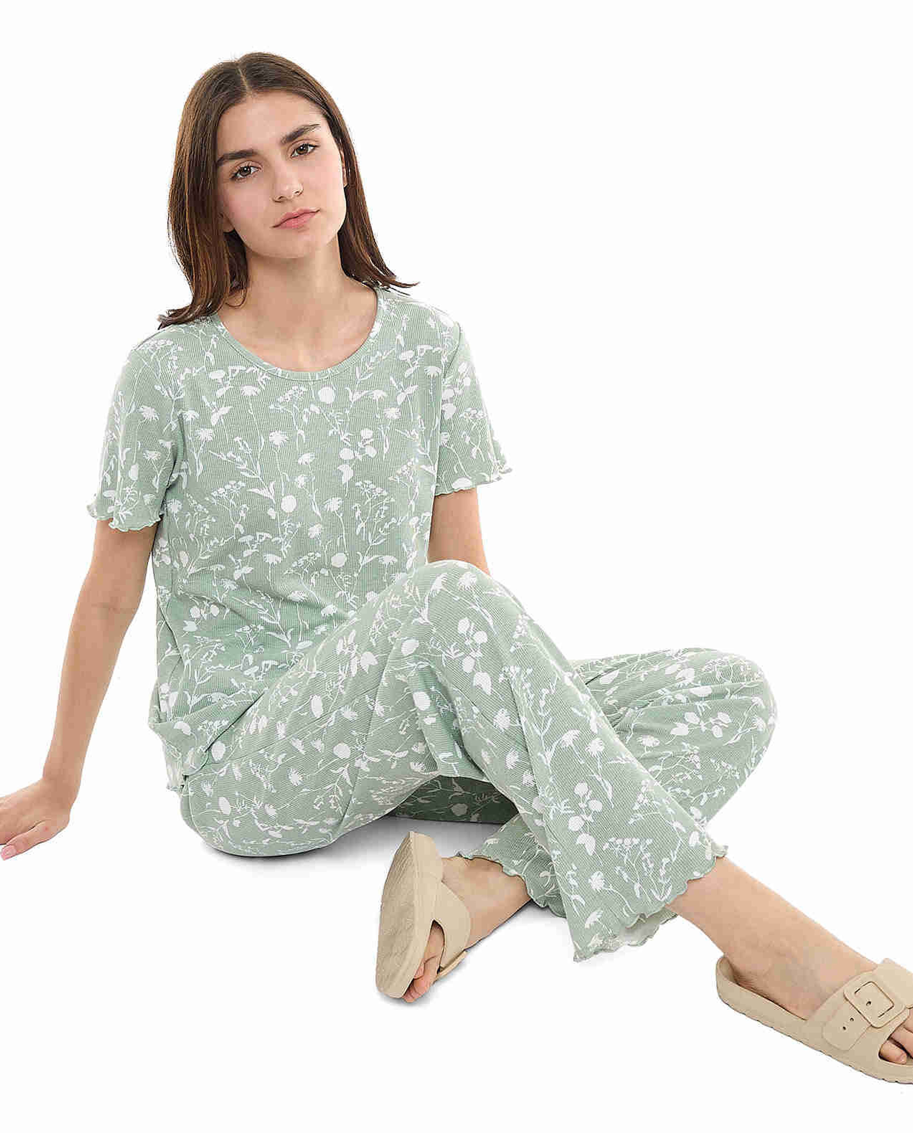 Printed Sleep Top with Crew Neck and Short Sleeves