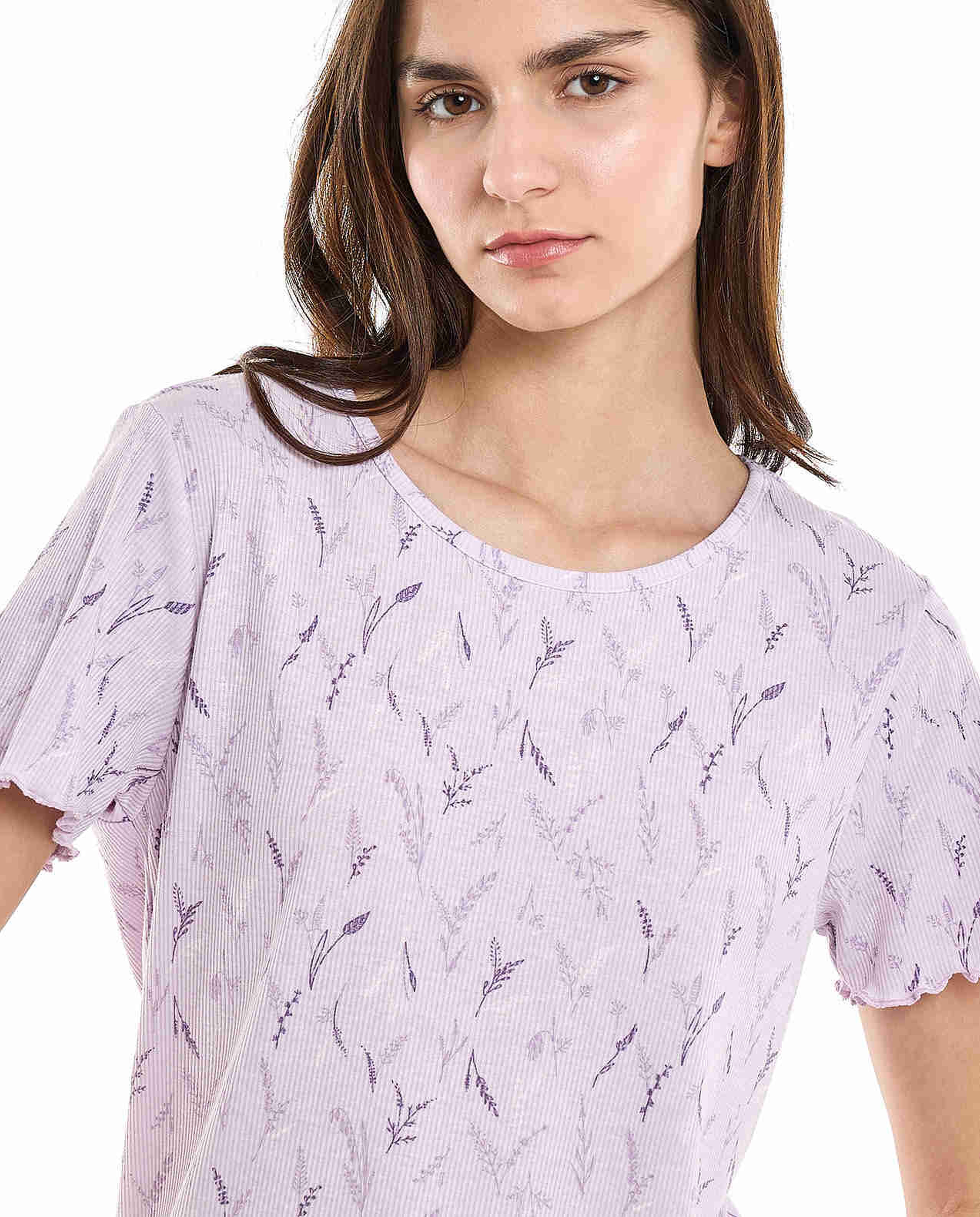 Printed Sleep Top with Crew Neck and Short Sleeves