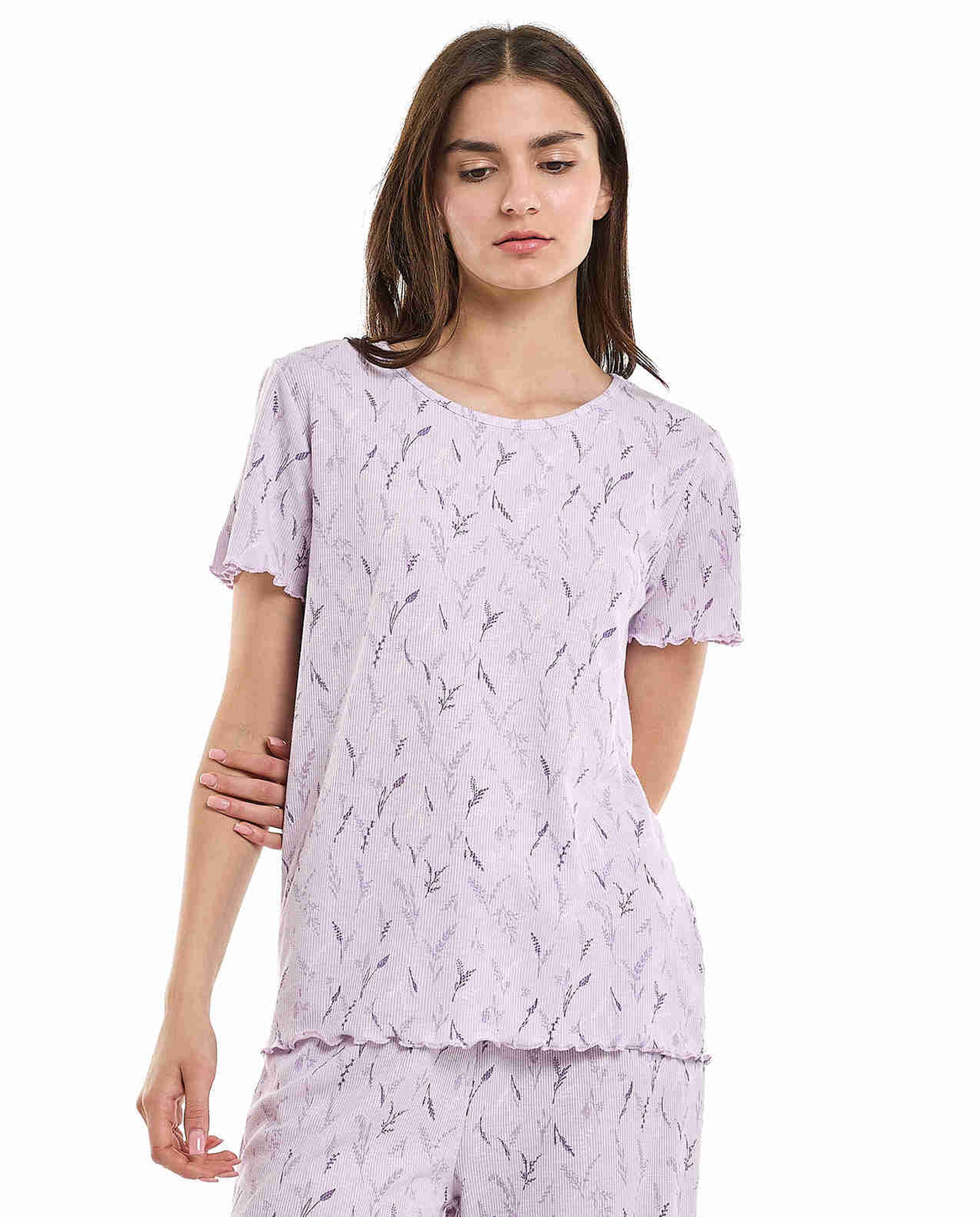 Printed Sleep Top with Crew Neck and Short Sleeves