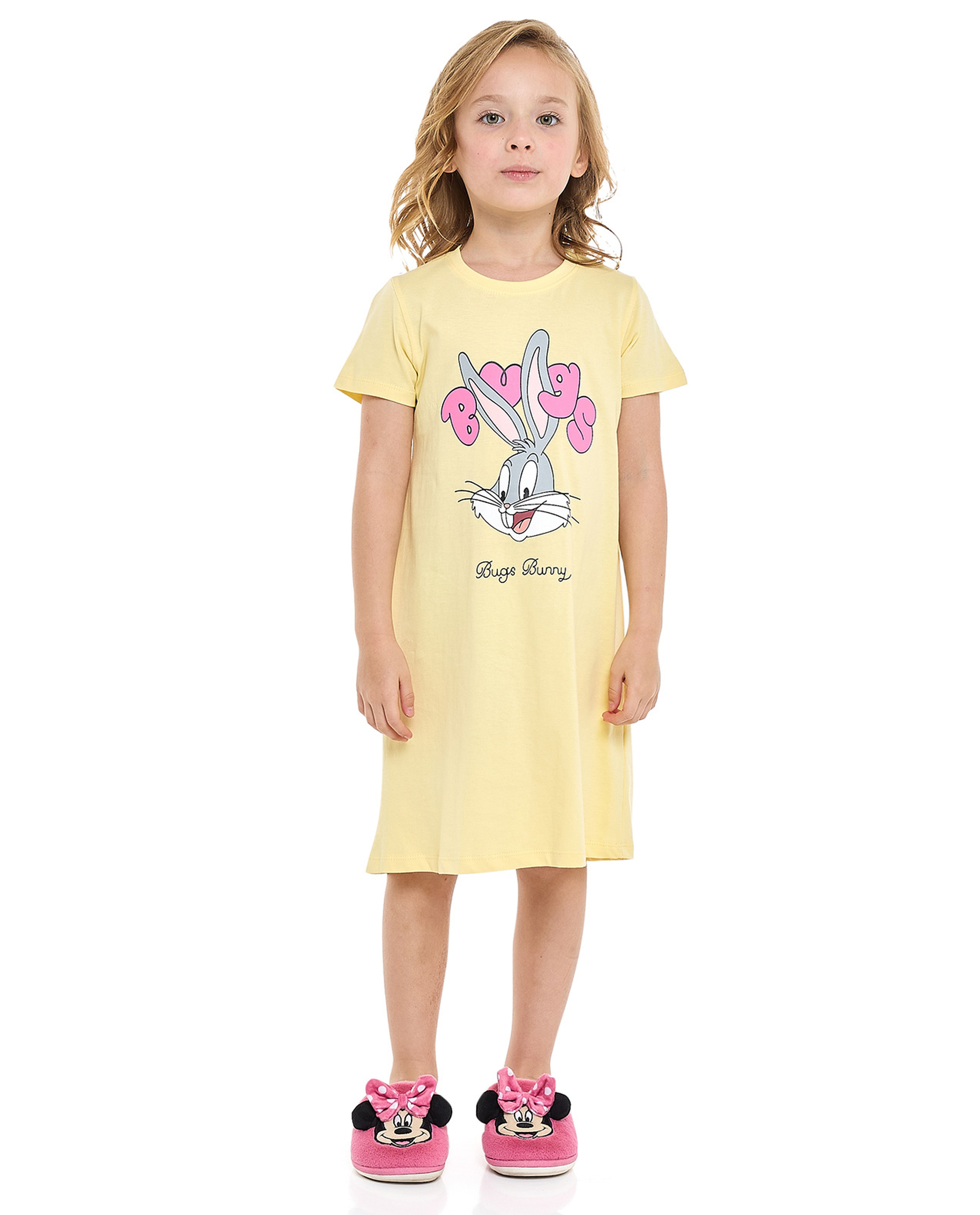 Bugs Bunny Printed Nightdress with Crew Neck and Short Sleeves