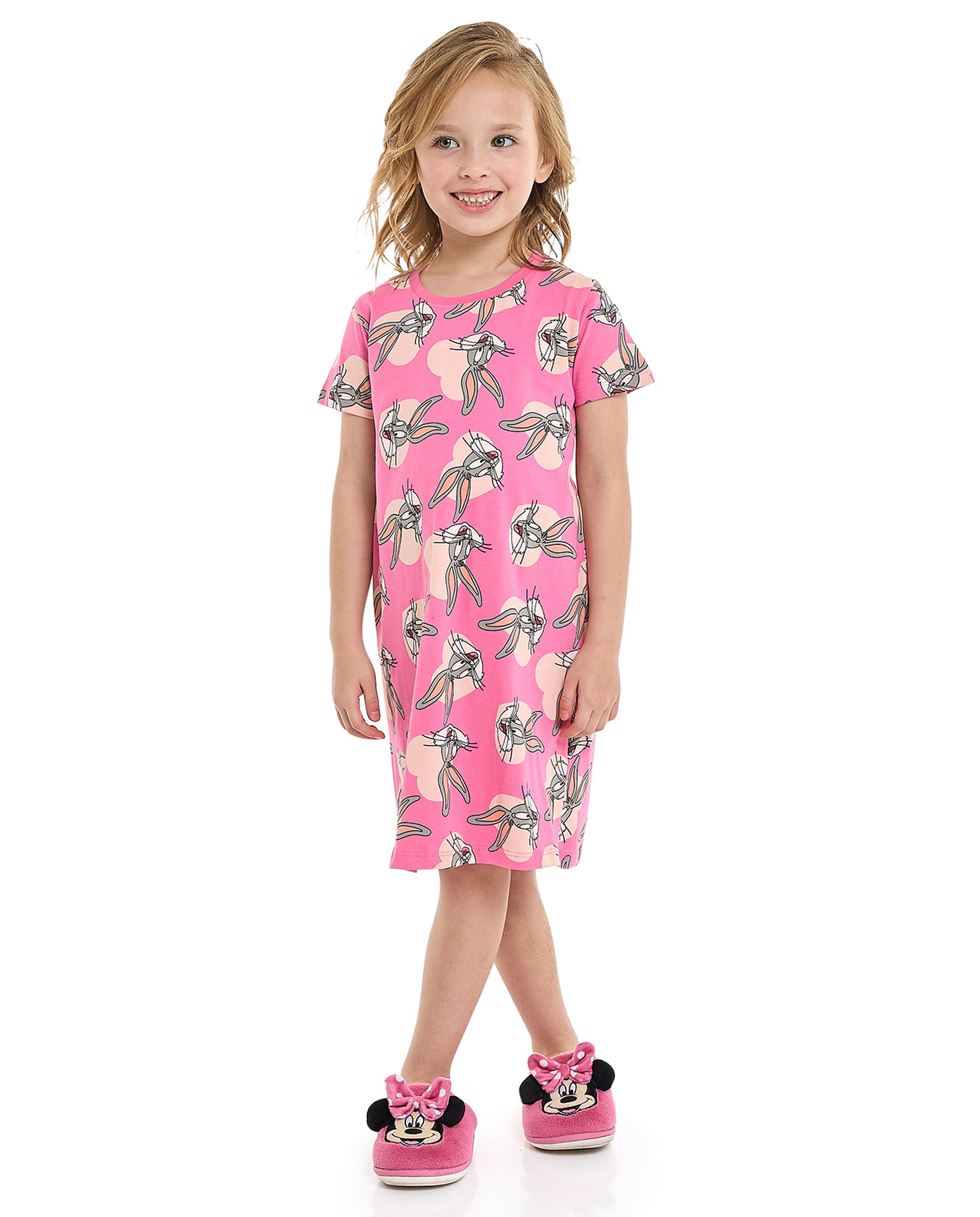 Bugs Bunny Printed Nightdress with Crew Neck and Short Sleeves