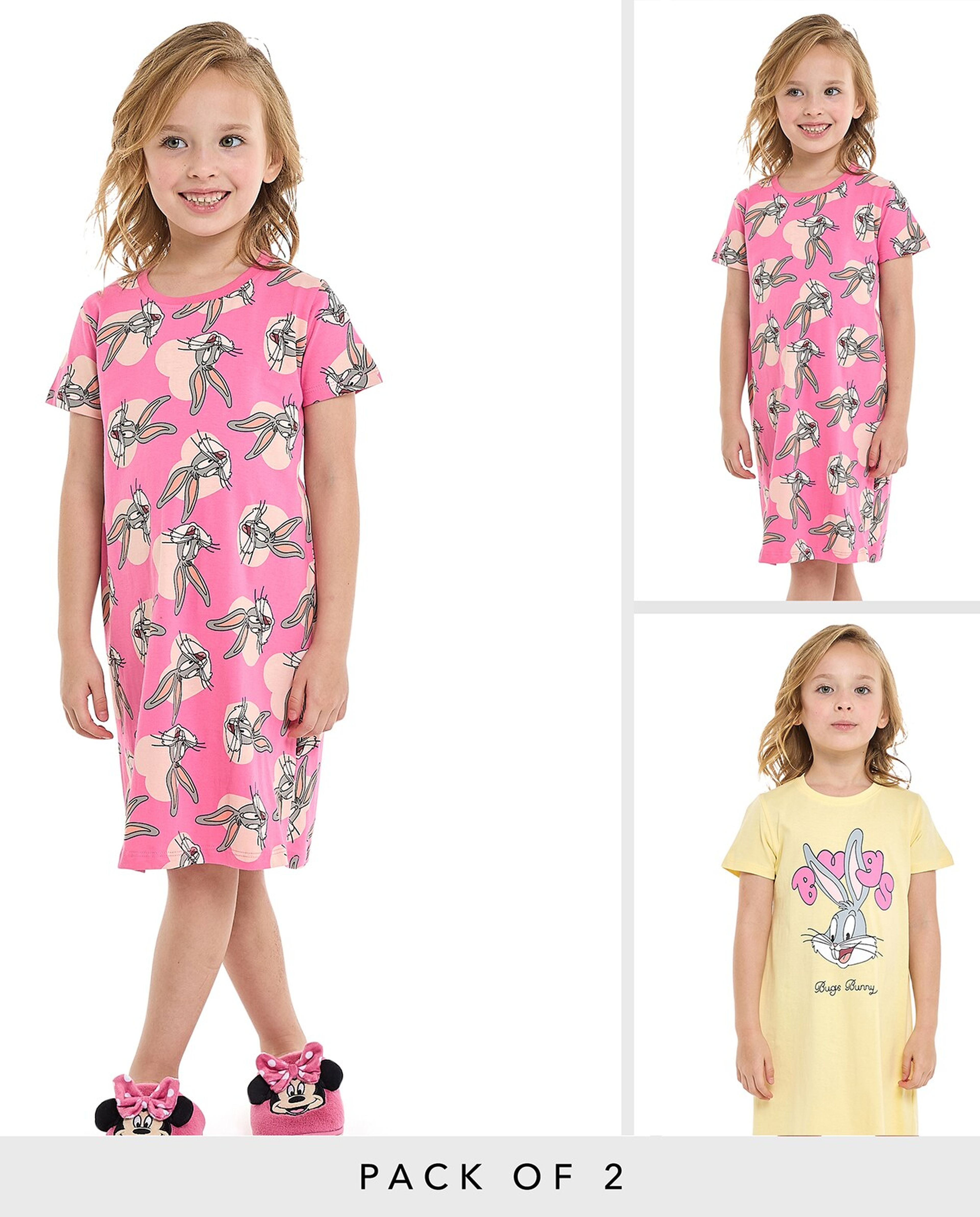 Bugs Bunny Printed Nightdress with Crew Neck and Short Sleeves