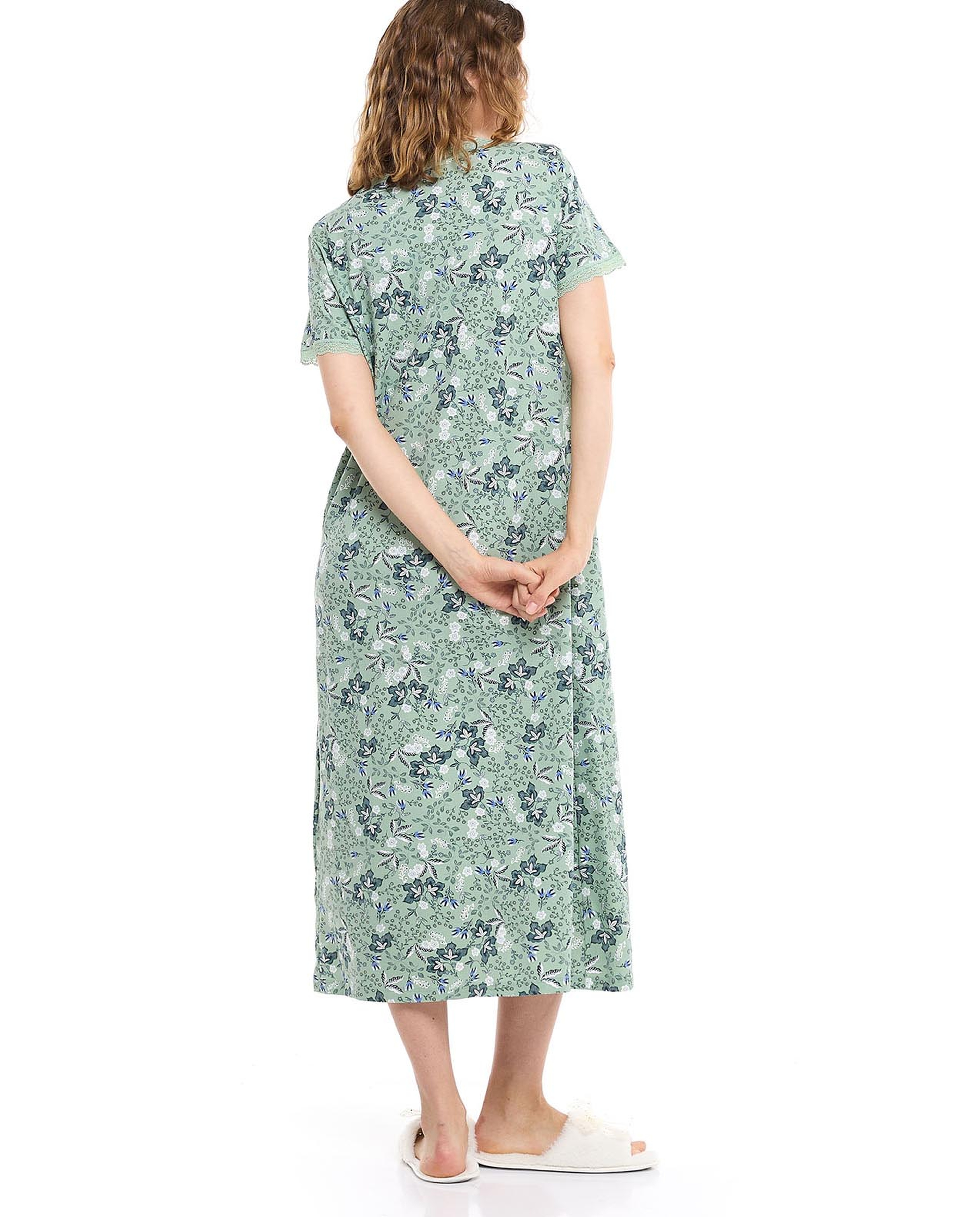 Printed Nightdress With V-Neck and Short Sleeves