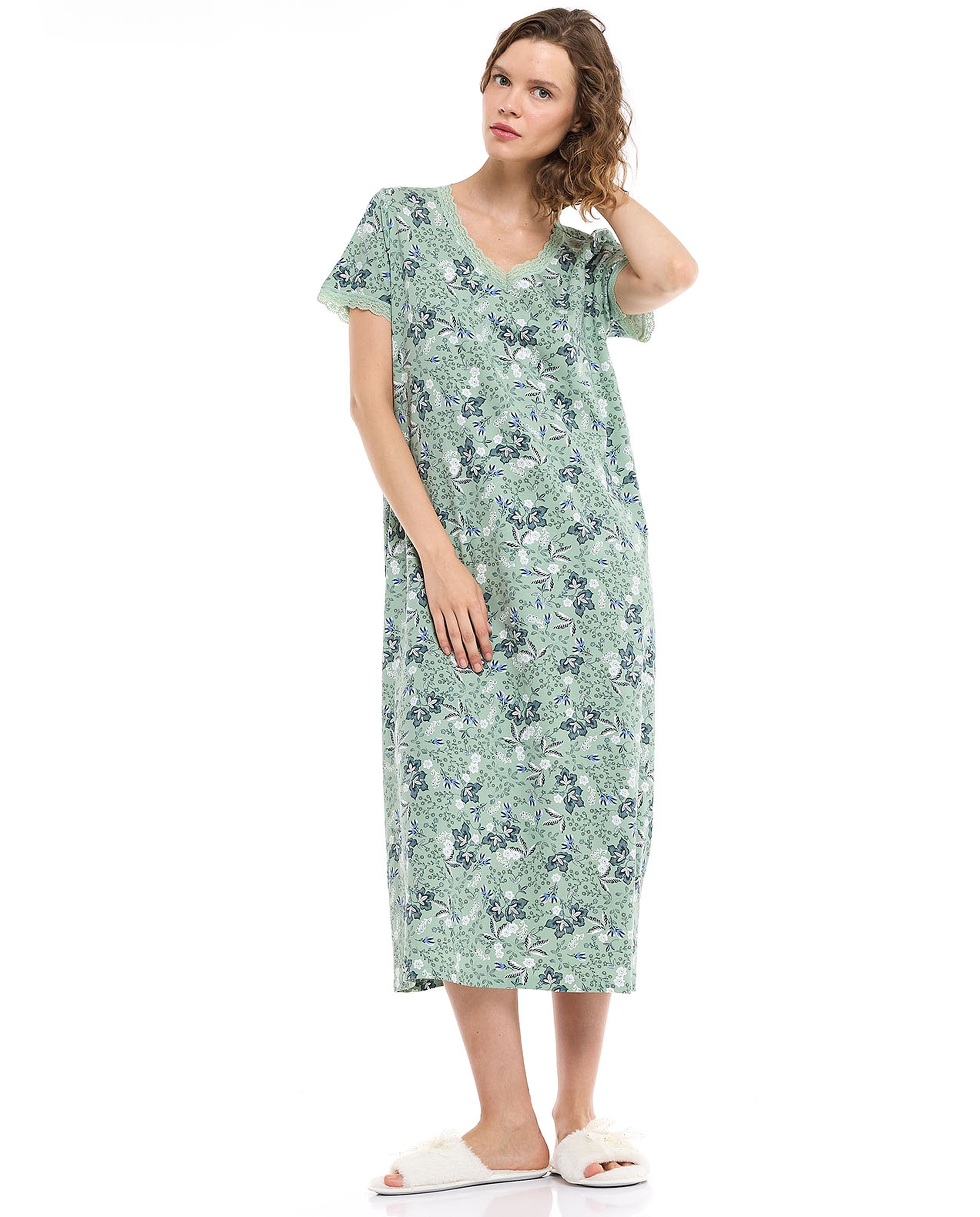 Printed Nightdress With V-Neck and Short Sleeves