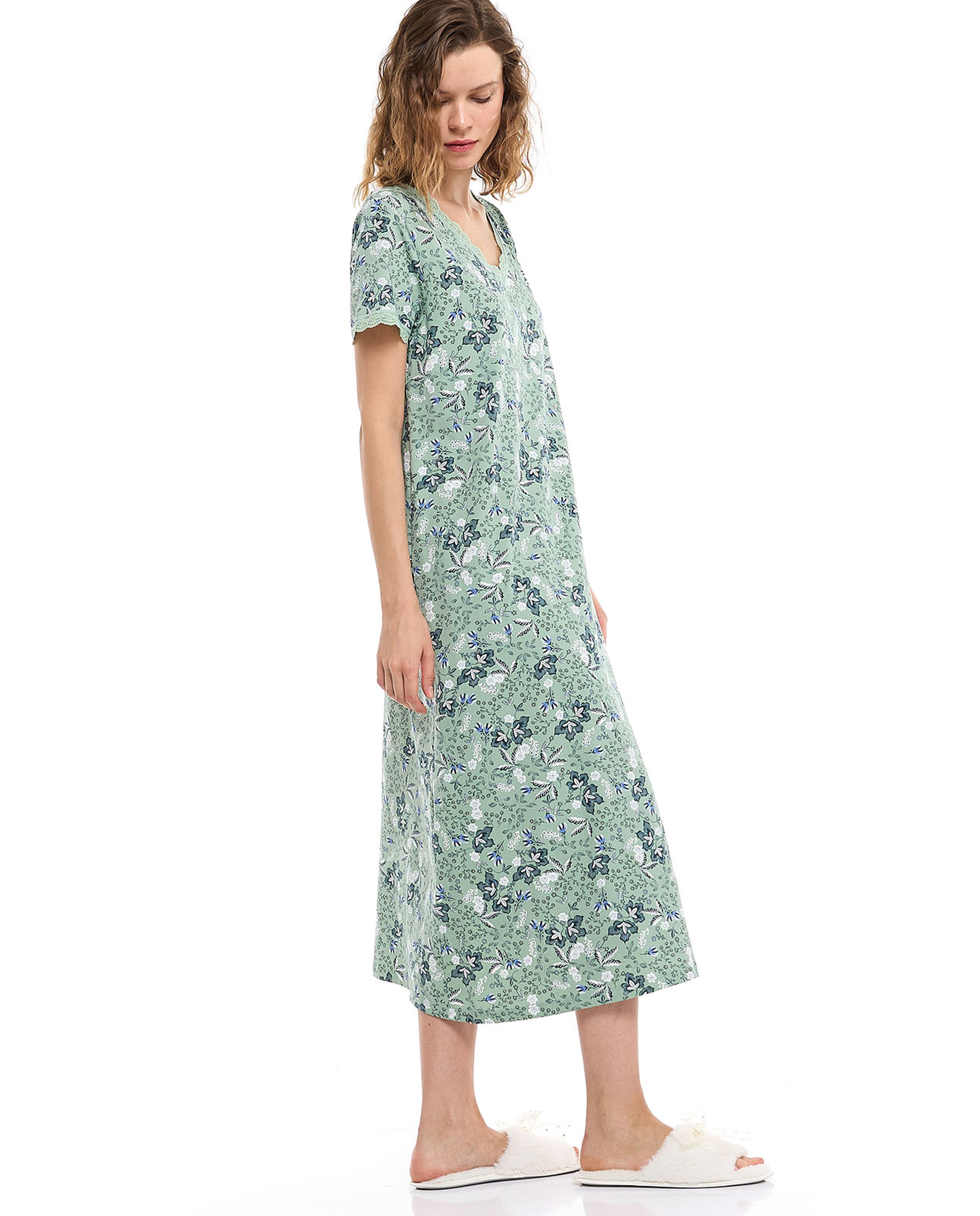Printed Nightdress With V-Neck and Short Sleeves