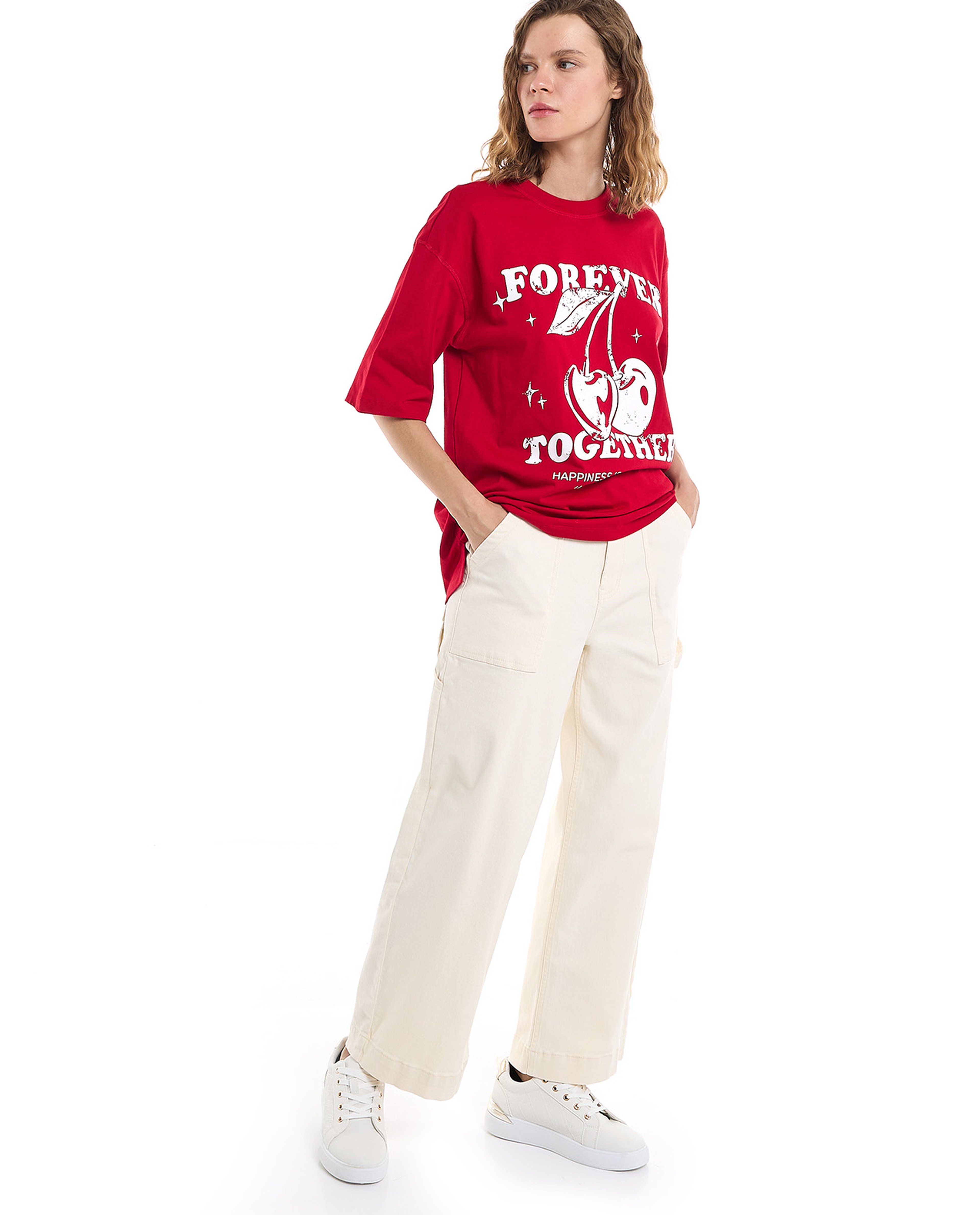 Printed Oversized T-Shirt with Crew Neck and Short Sleeves