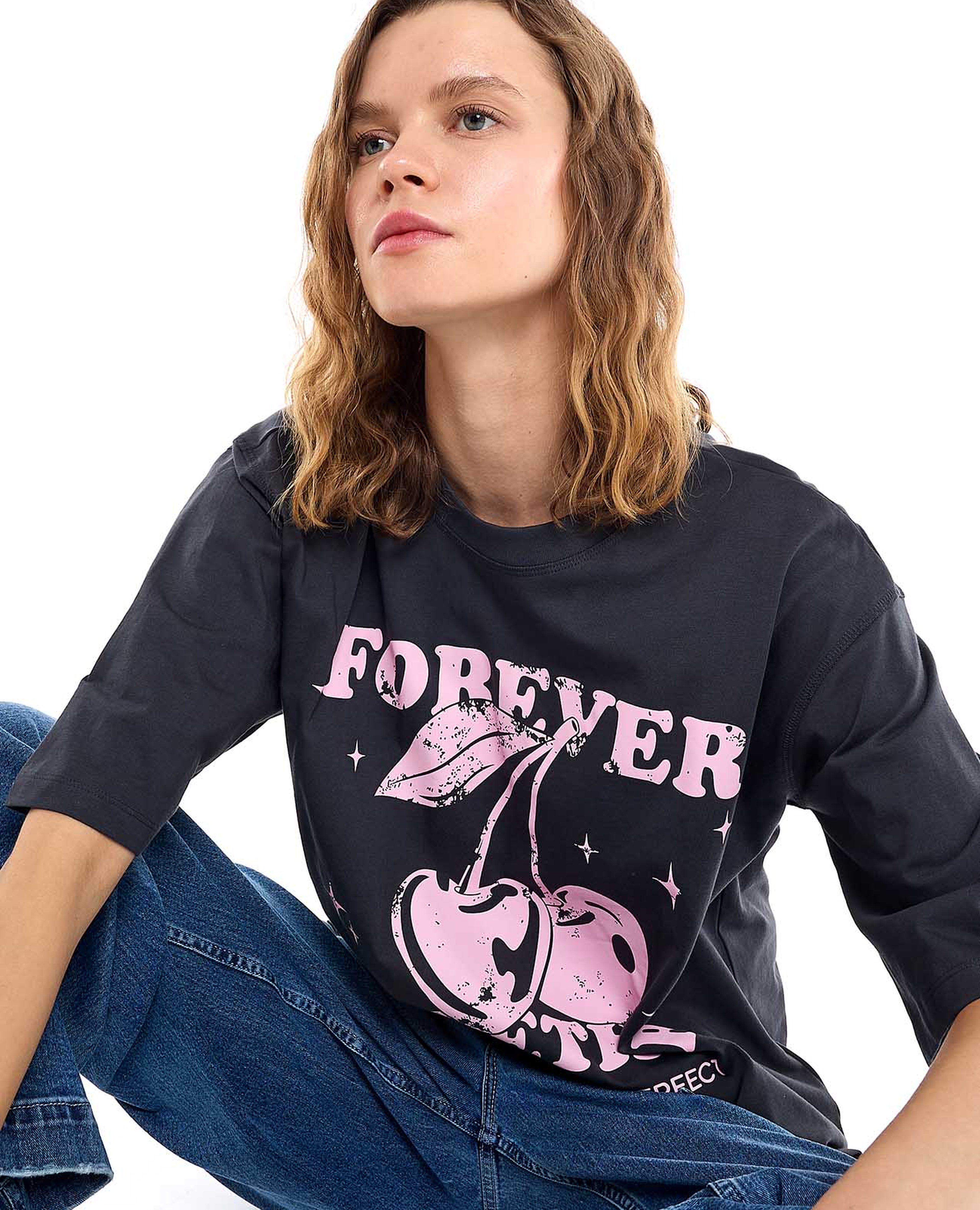 Printed Oversized T-Shirt with Crew Neck and Short Sleeves