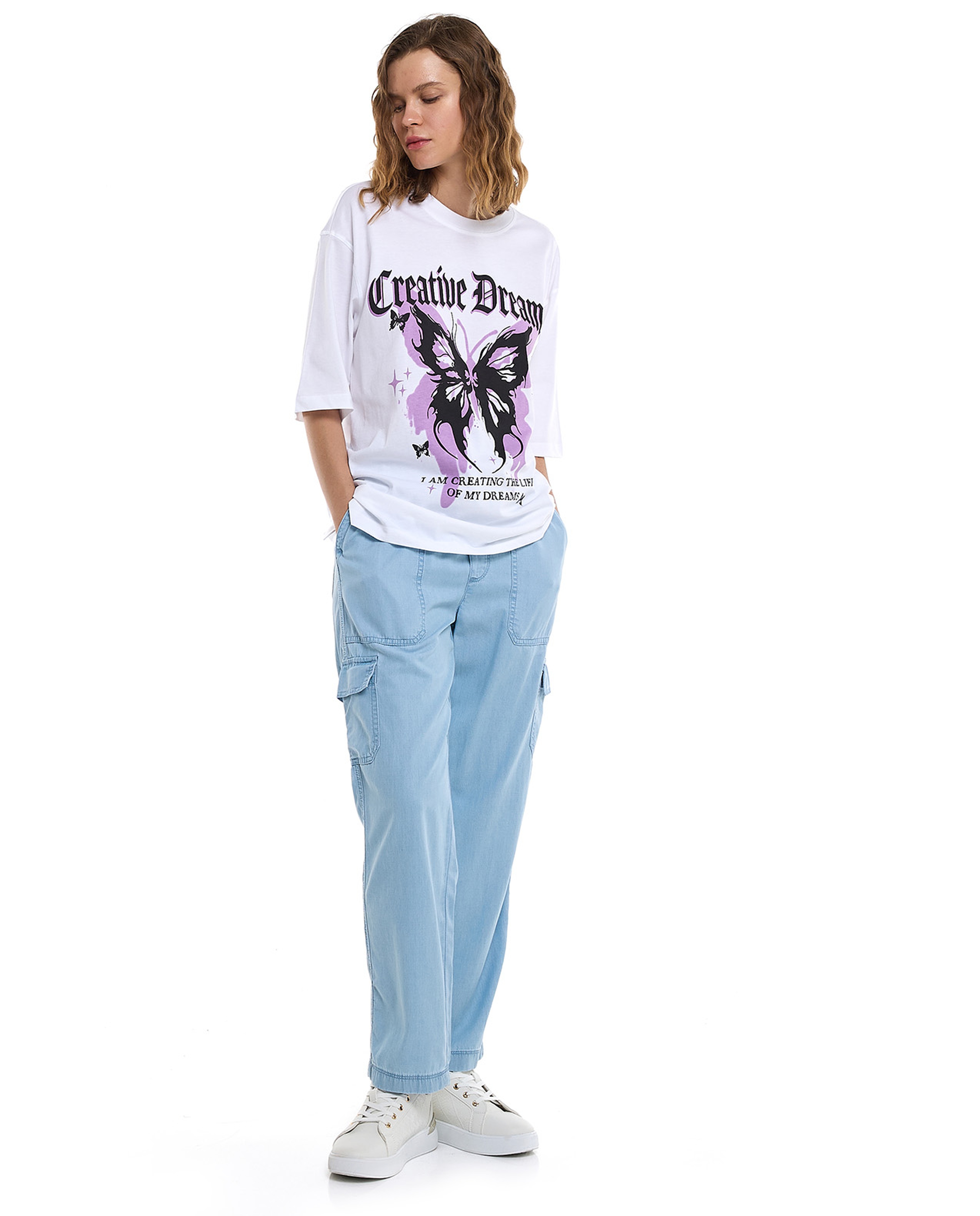 Printed Oversized T-Shirt with Crew Neck and Short Sleeves