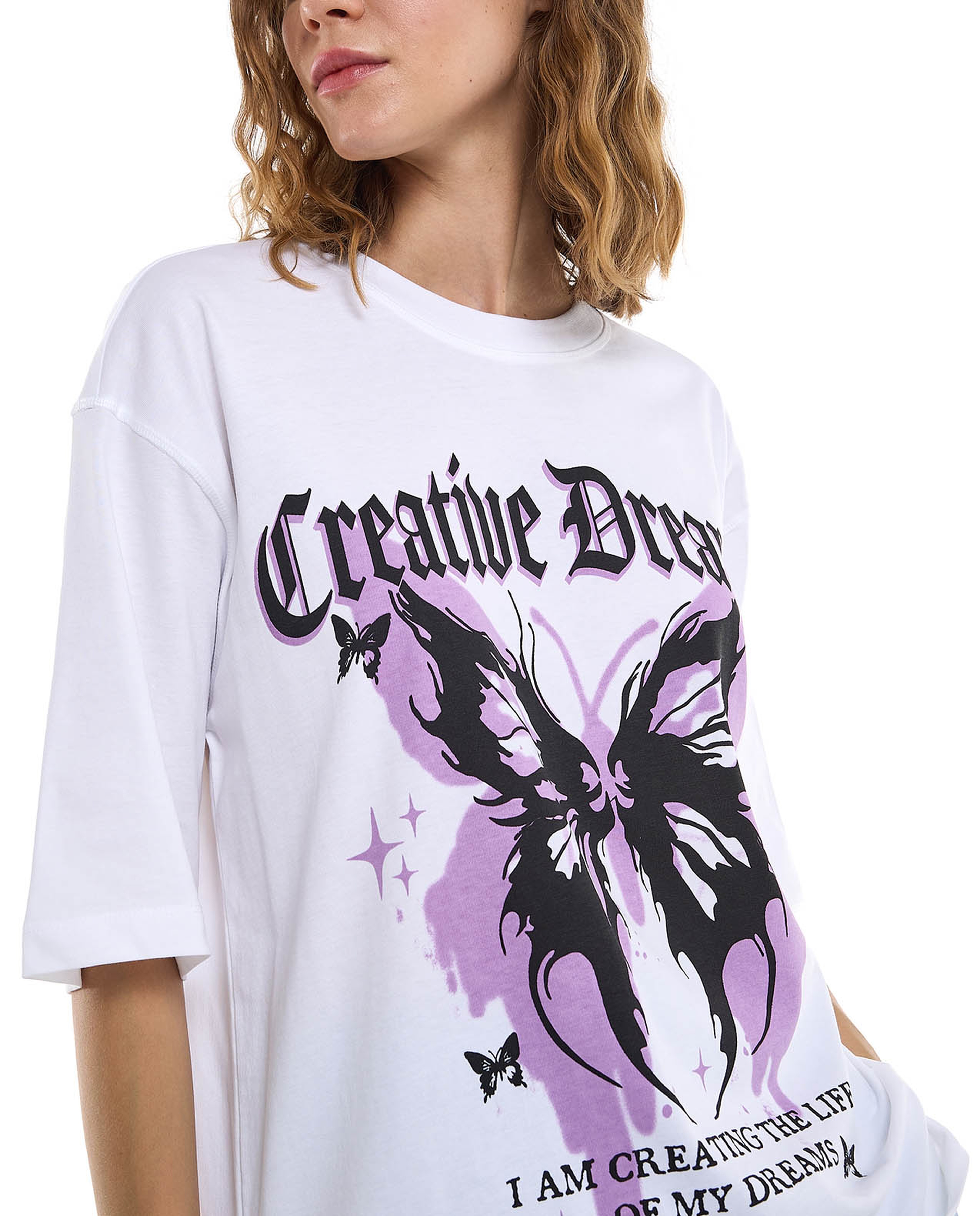 Printed Oversized T-Shirt with Crew Neck and Short Sleeves