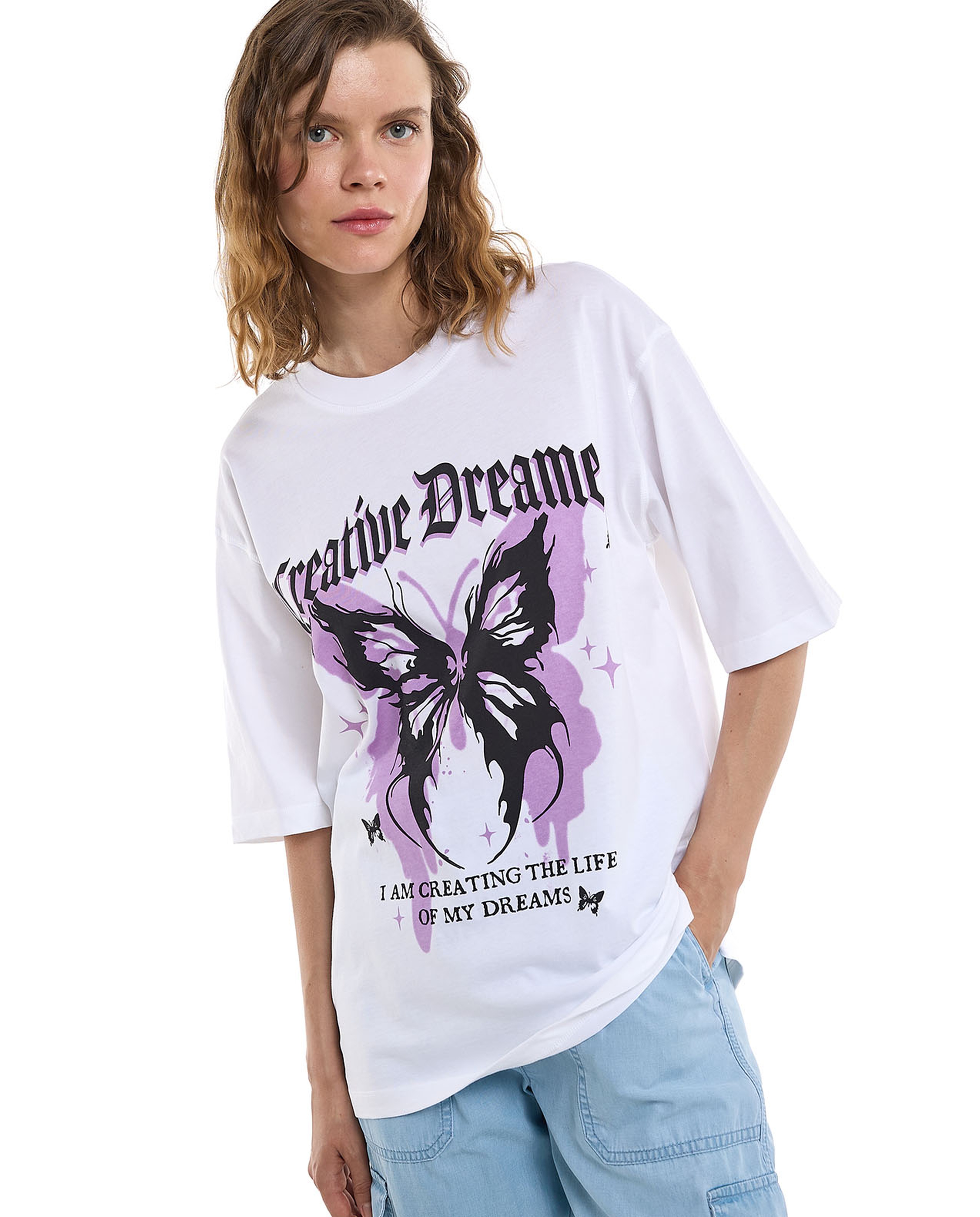 Printed Oversized T-Shirt with Crew Neck and Short Sleeves