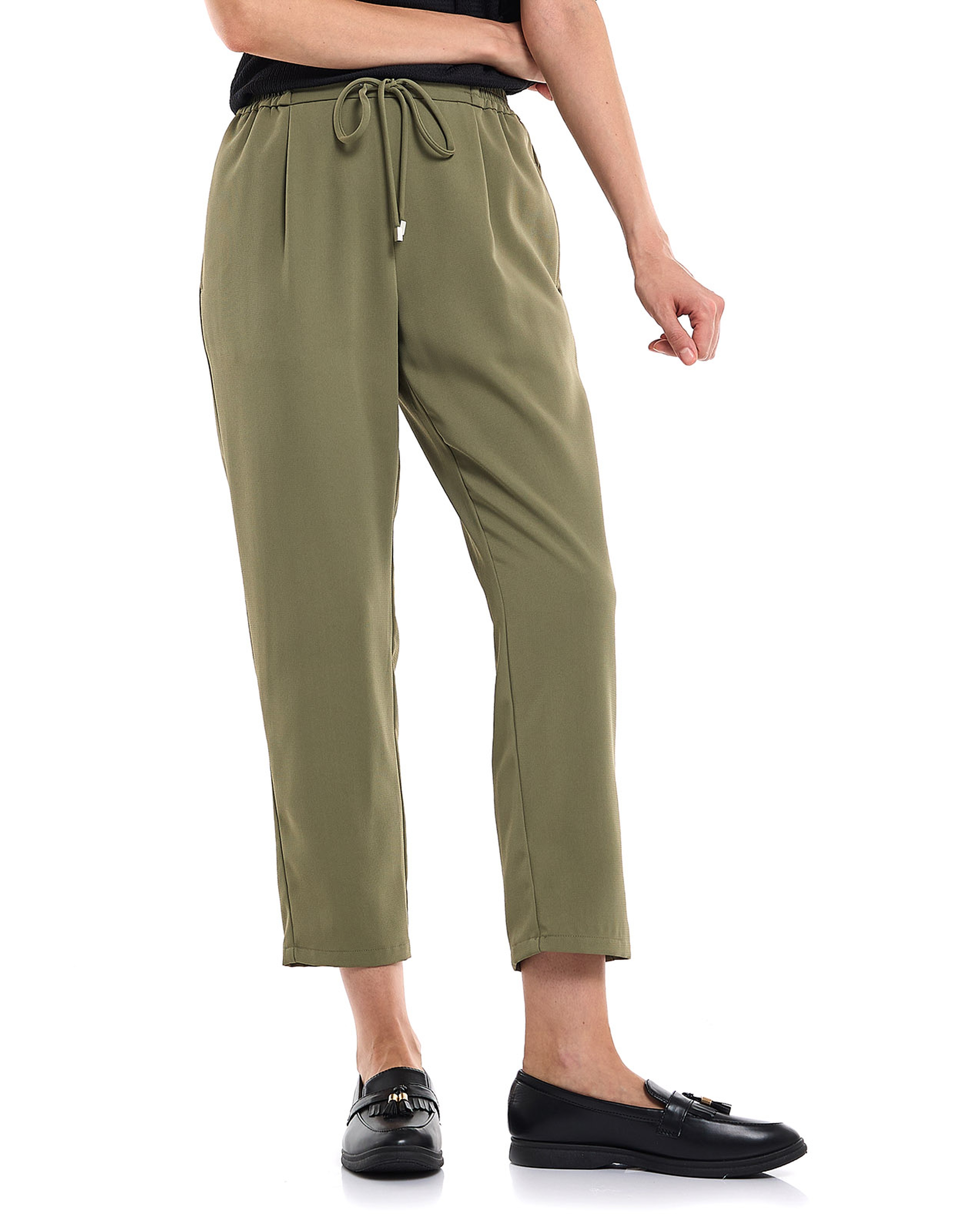 Solid Tapered Fit Pants with Drawstring Waist