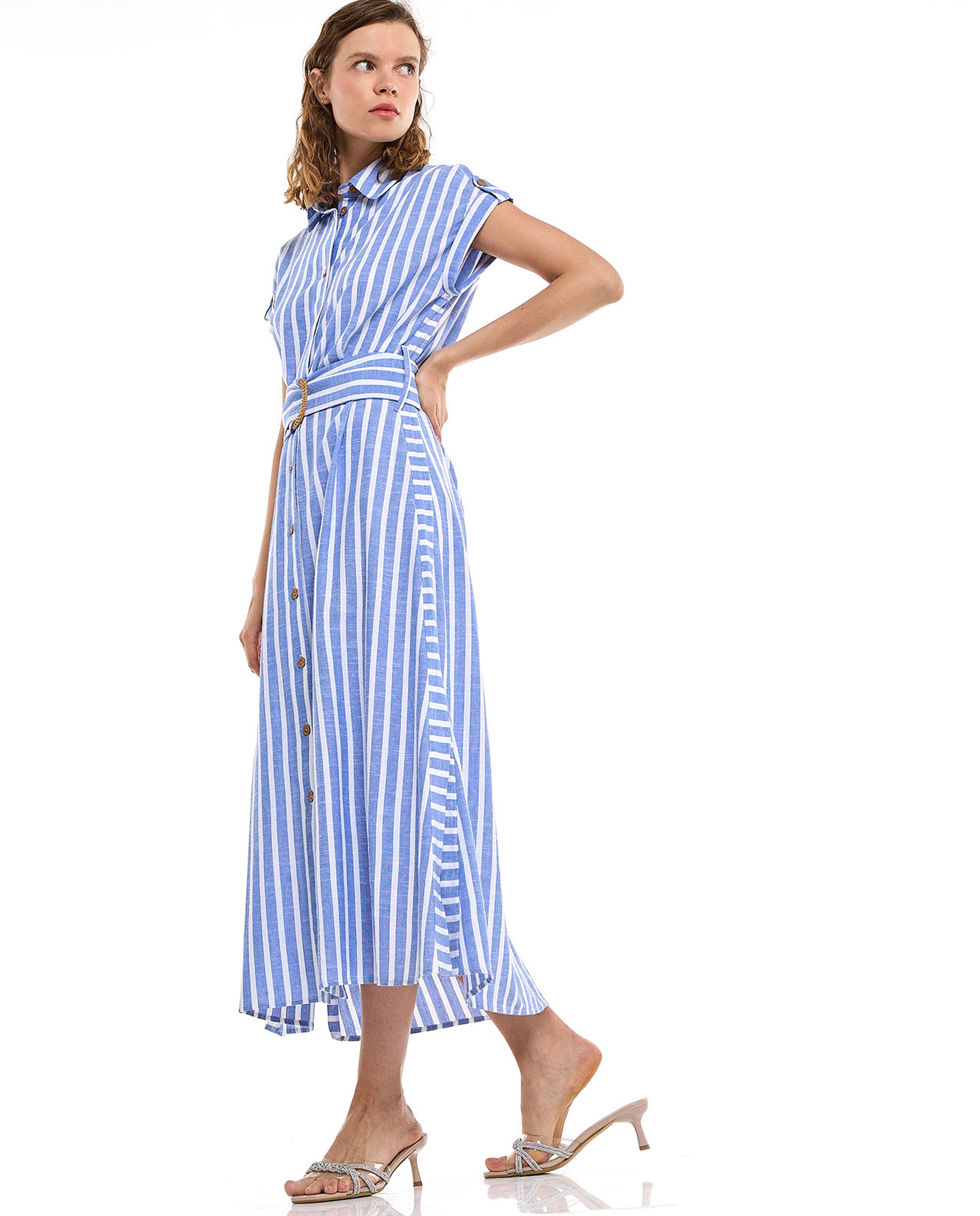 Striped Shirt Dress with Short Sleeves