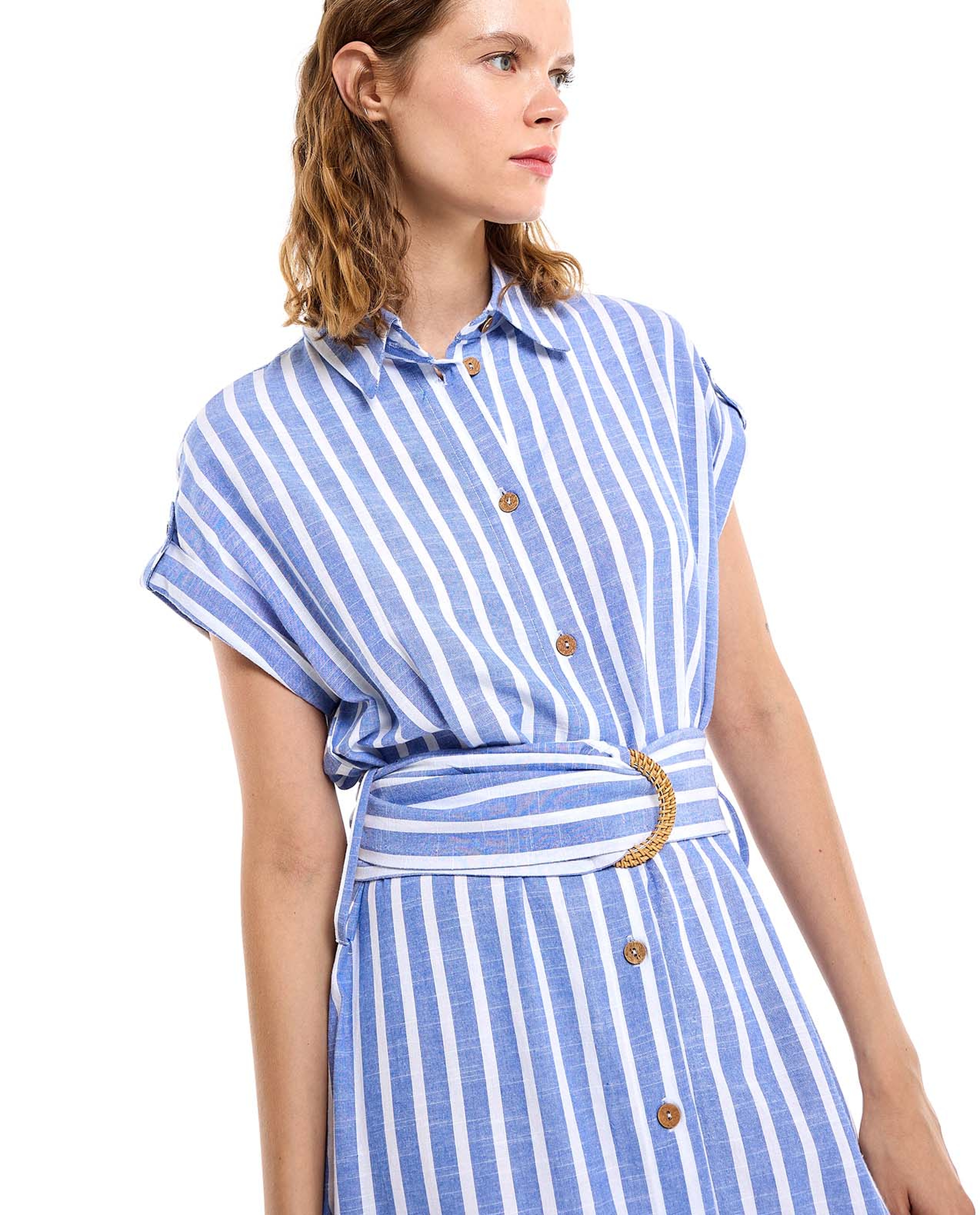 Striped Shirt Dress with Short Sleeves