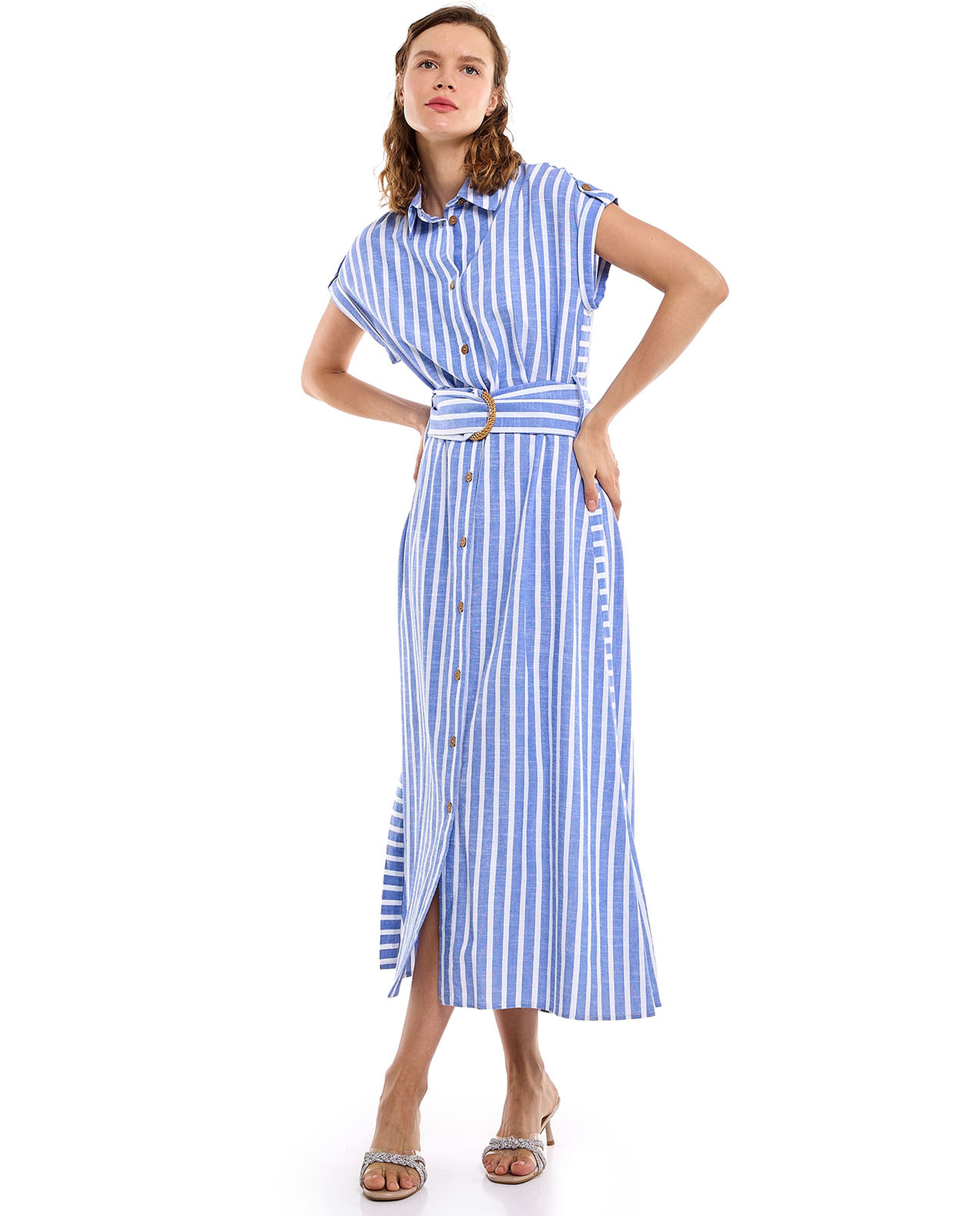 Striped Shirt Dress with Short Sleeves