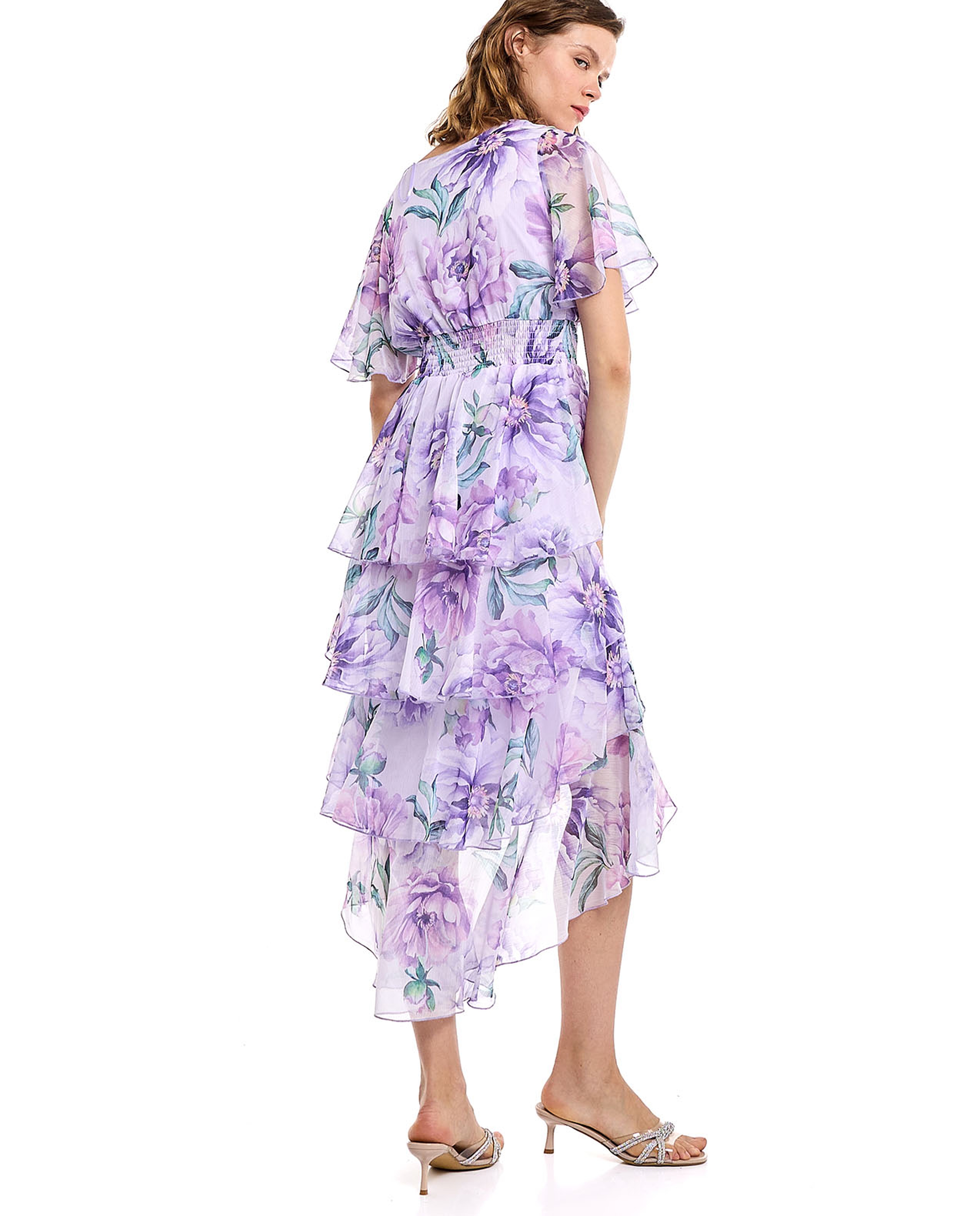 Floral Print Layered Dress with V-Neck and Flared Sleeves