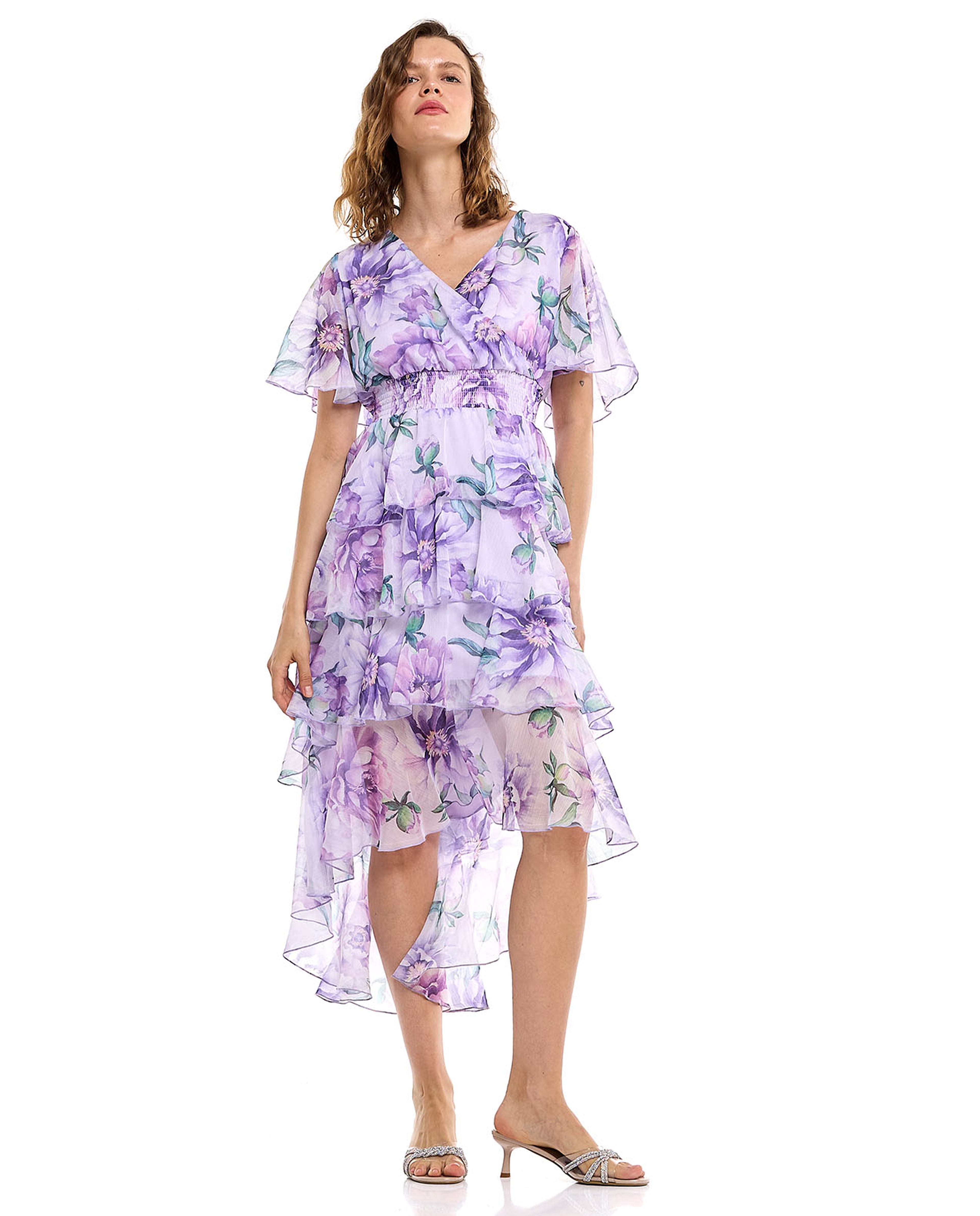 Floral Print Layered Dress with V-Neck and Flared Sleeves