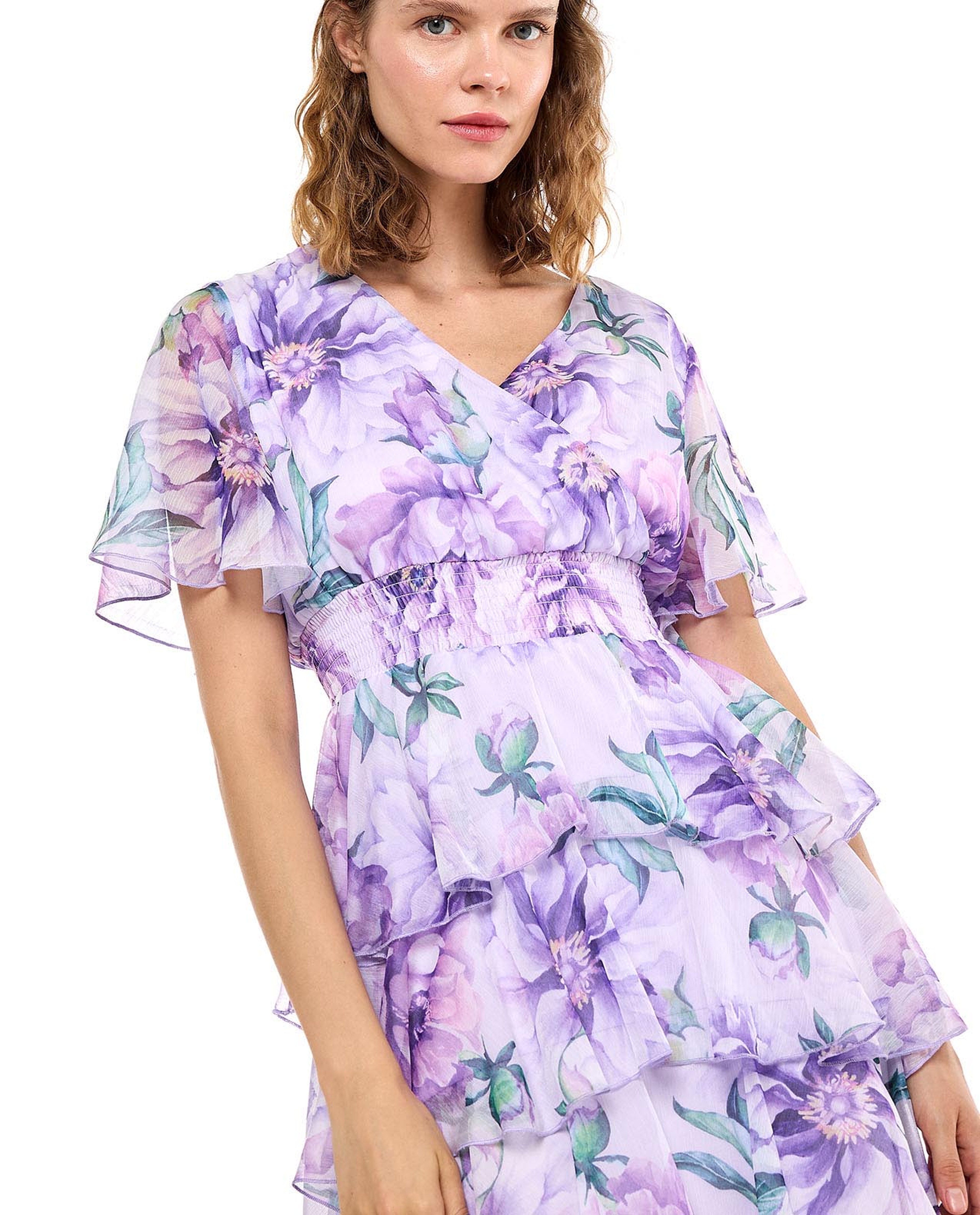 Floral Print Layered Dress with V-Neck and Flared Sleeves