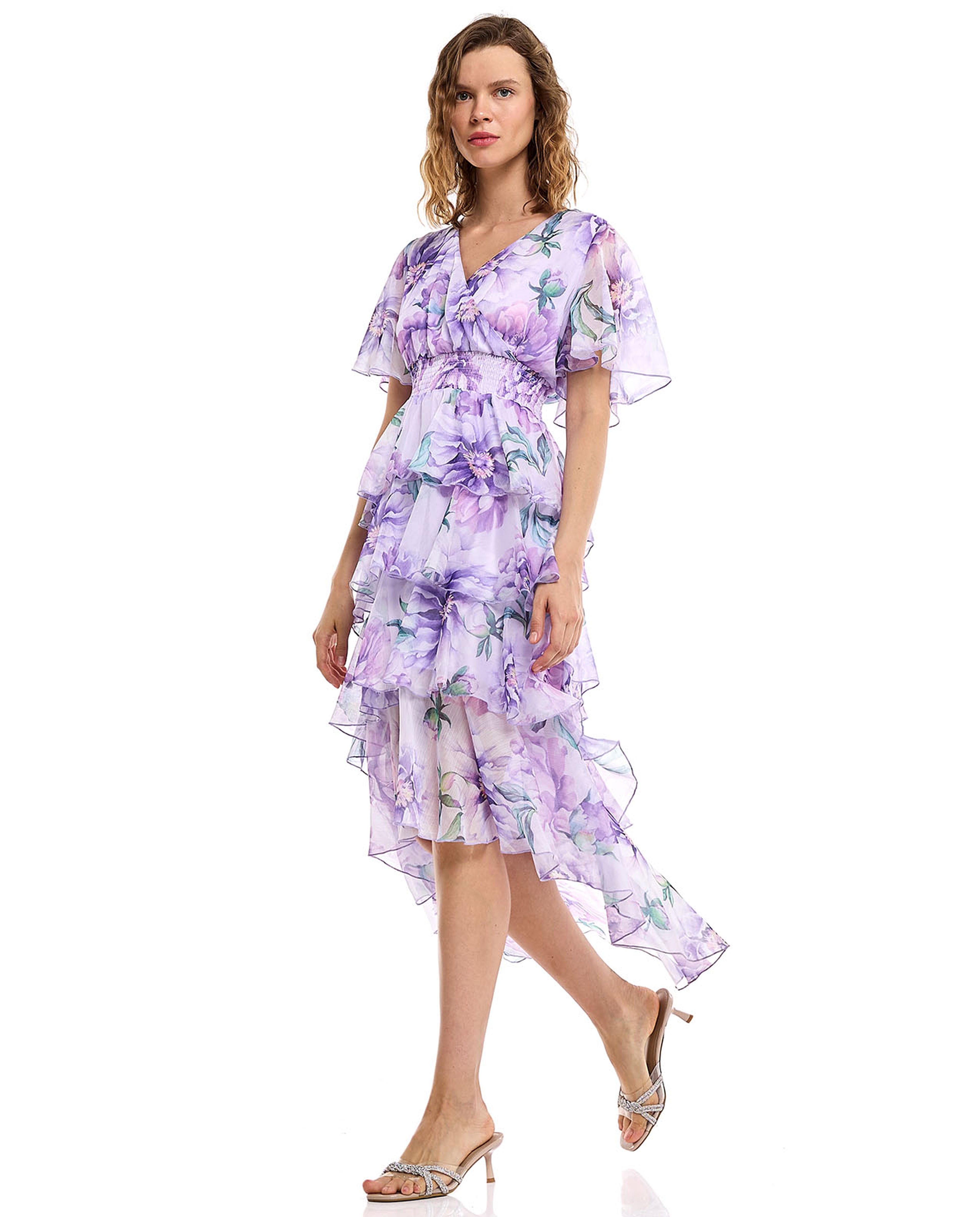 Floral Print Layered Dress with V-Neck and Flared Sleeves