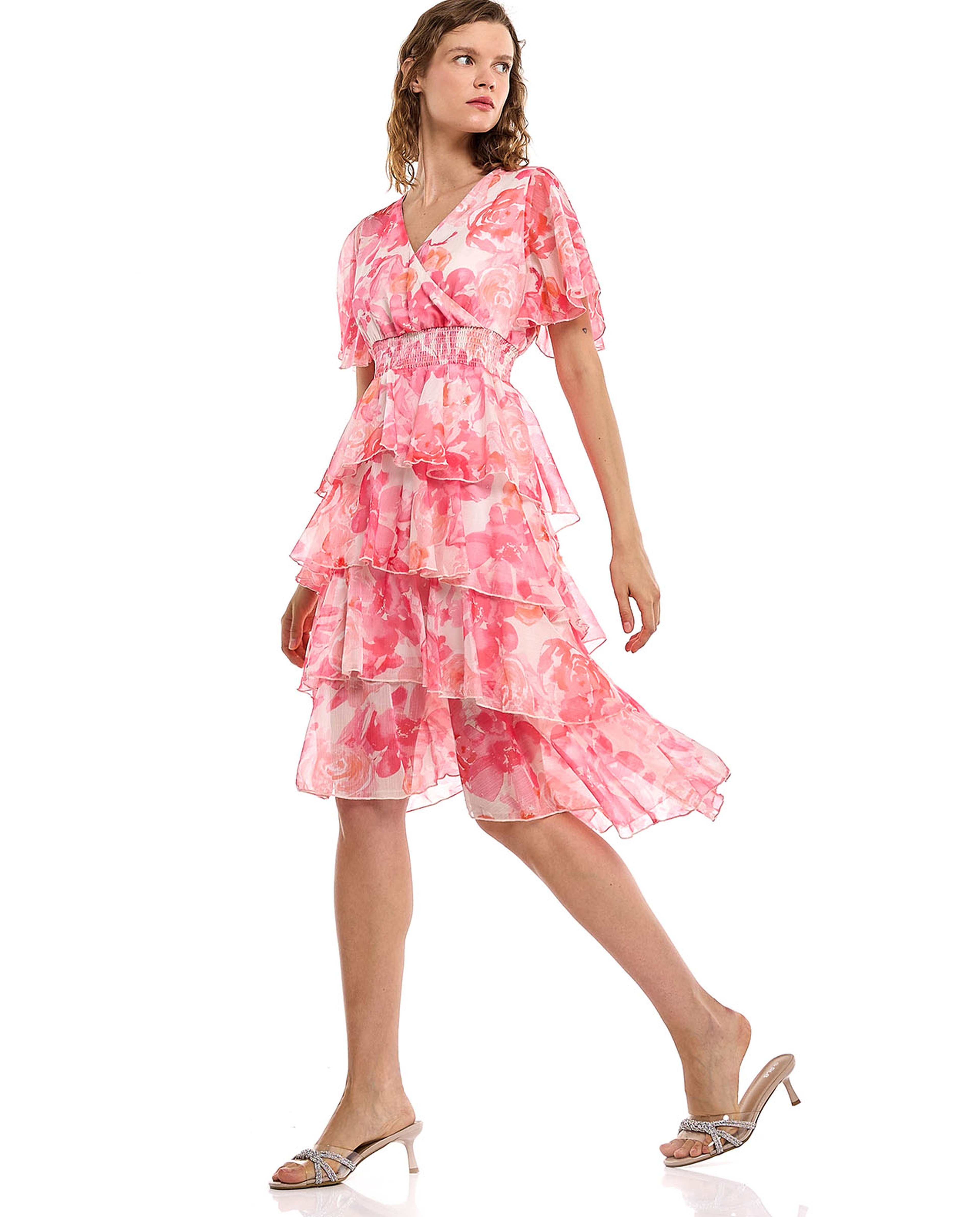 Floral Print Layered Dress with V-Neck and Flared Sleeves