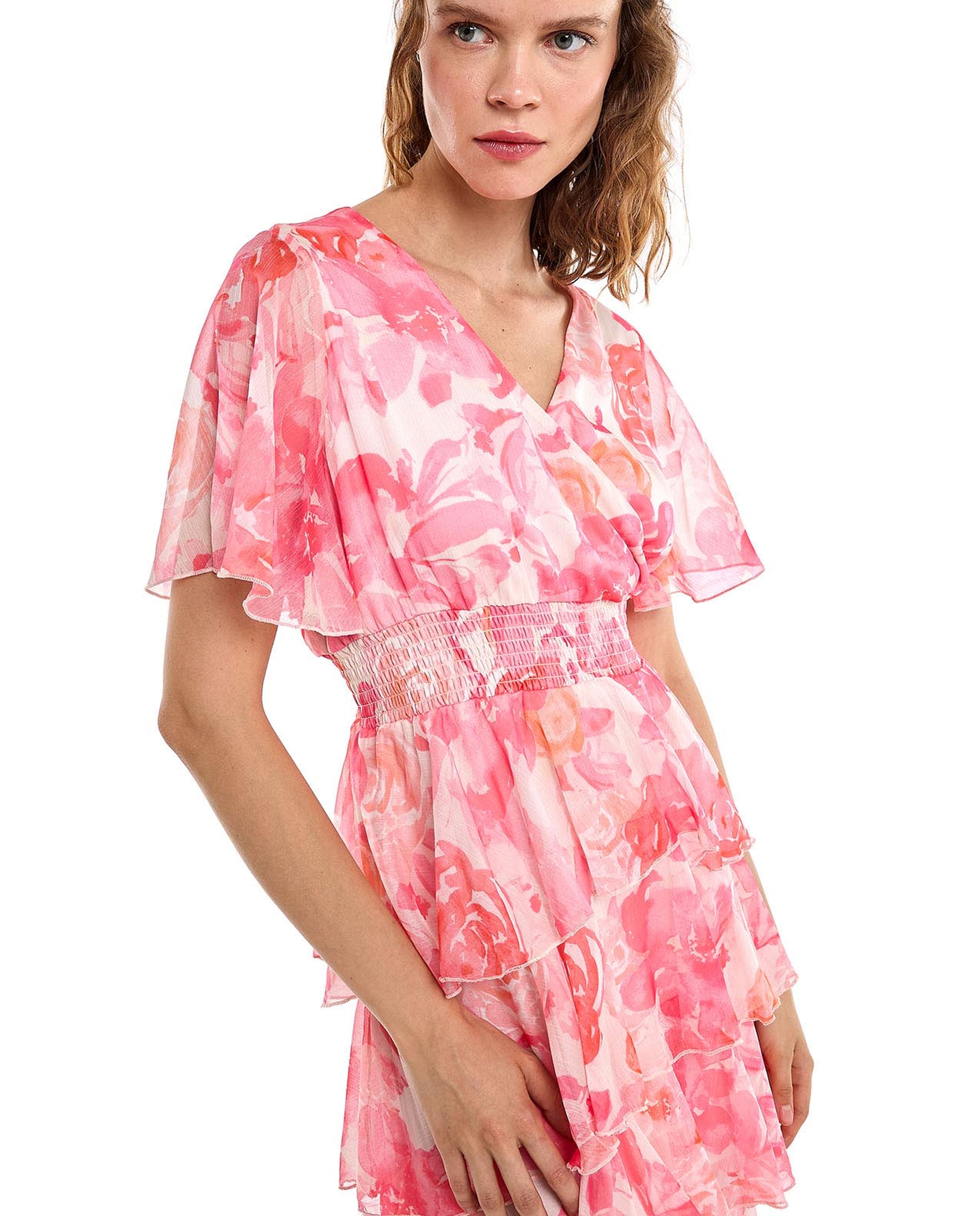 Floral Print Layered Dress with V-Neck and Flared Sleeves