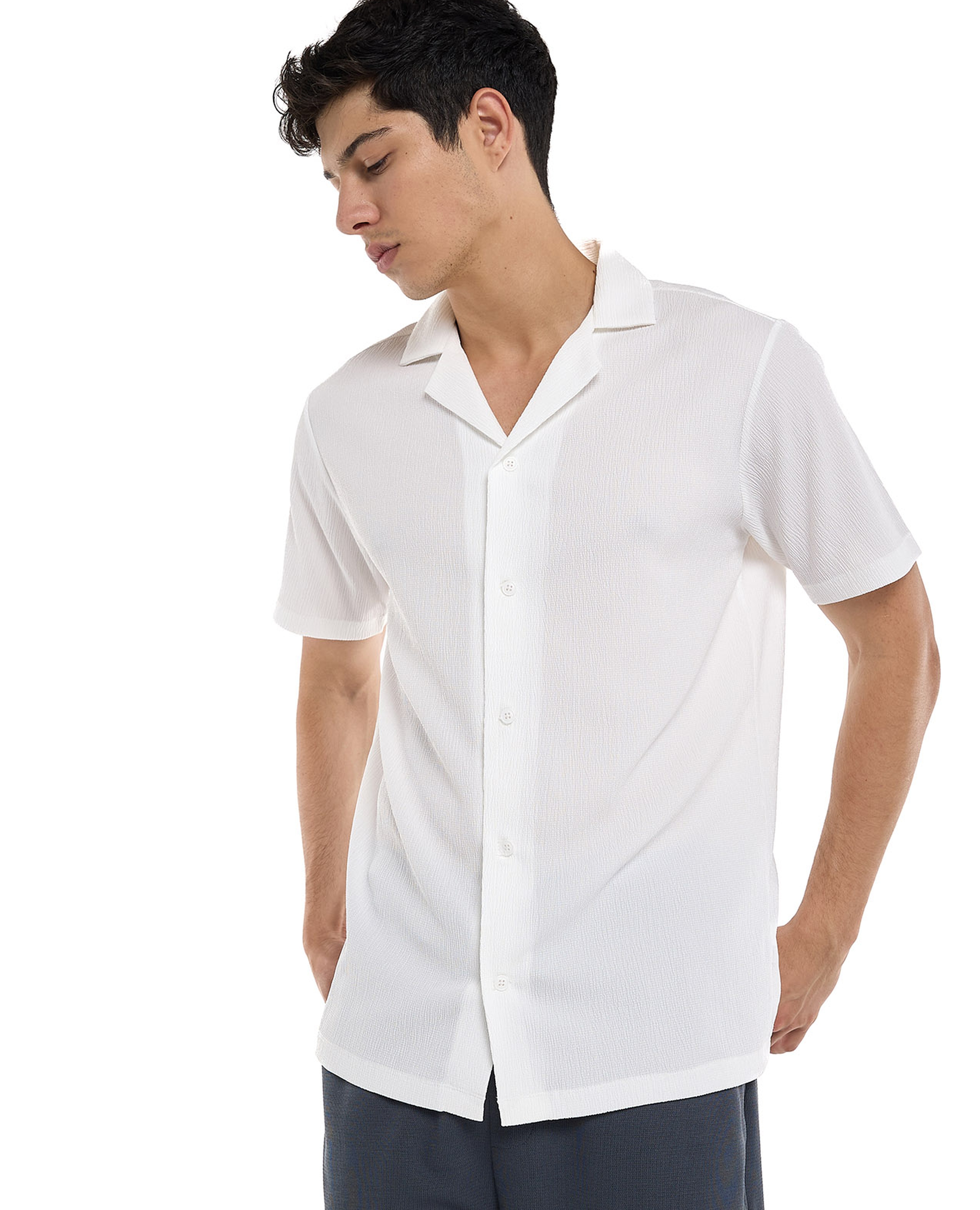 Textured Shirt with Revere Collar and Short Sleeves