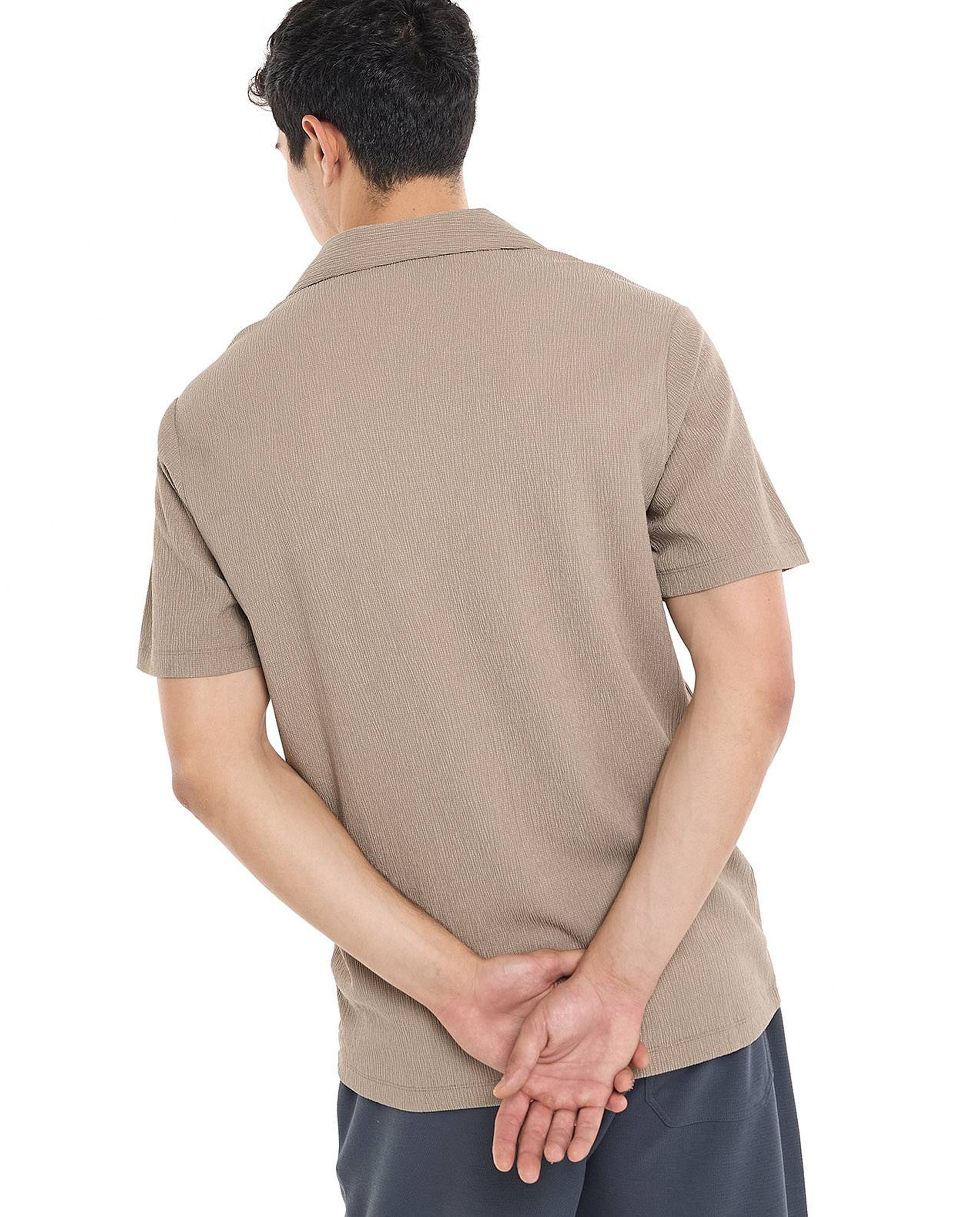 Textured Shirt with Revere Collar and Short Sleeves