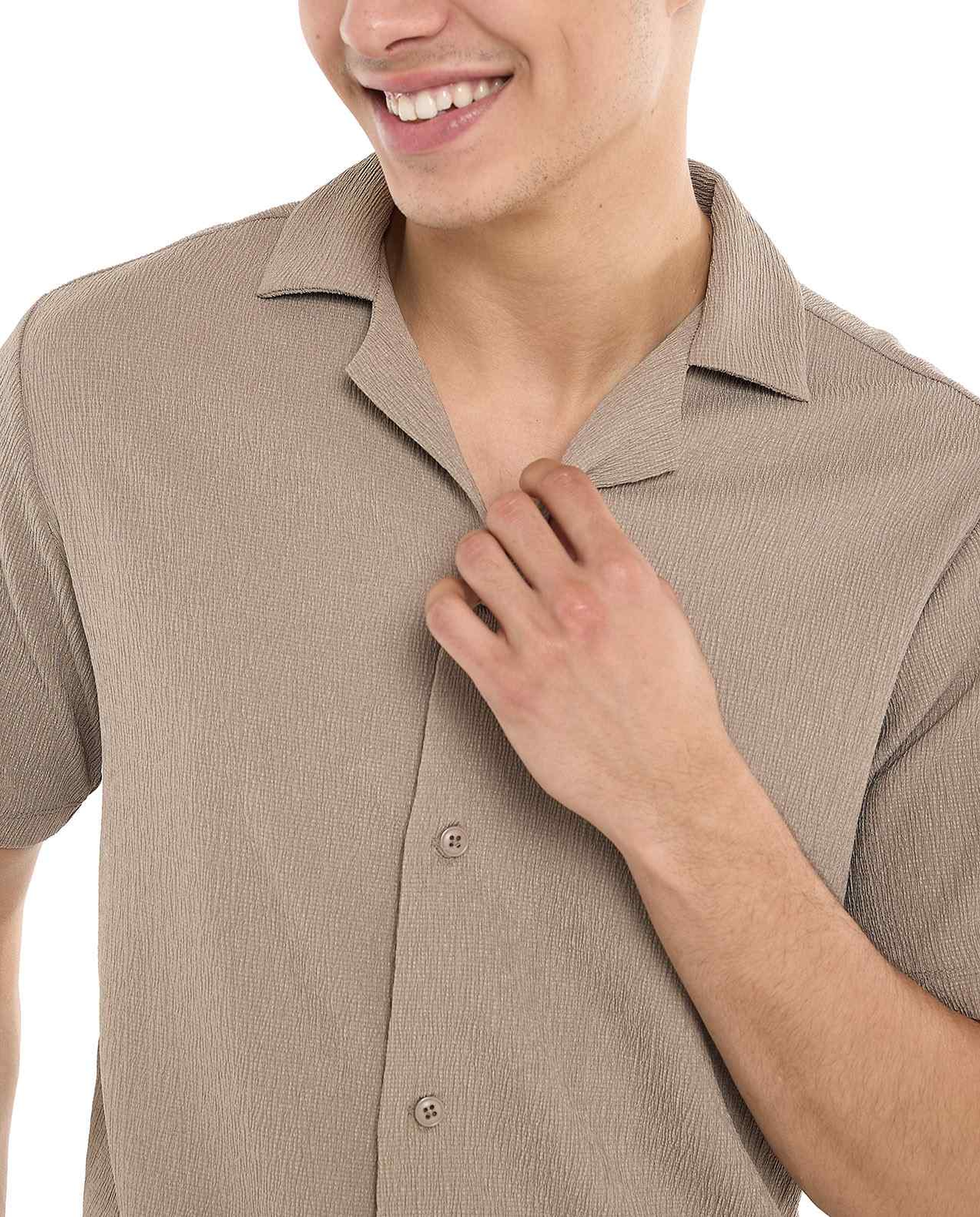 Textured Shirt with Revere Collar and Short Sleeves