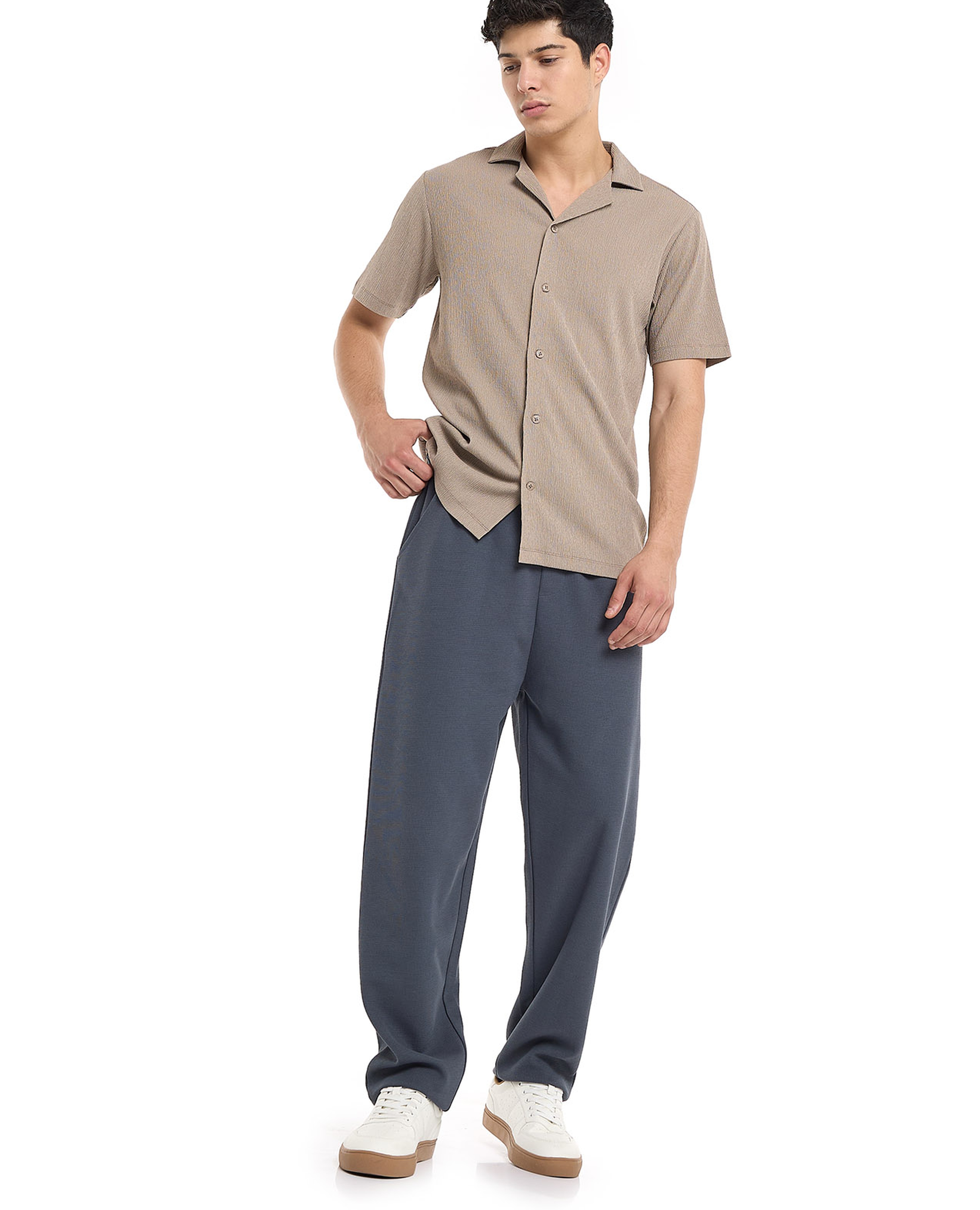 Textured Shirt with Revere Collar and Short Sleeves