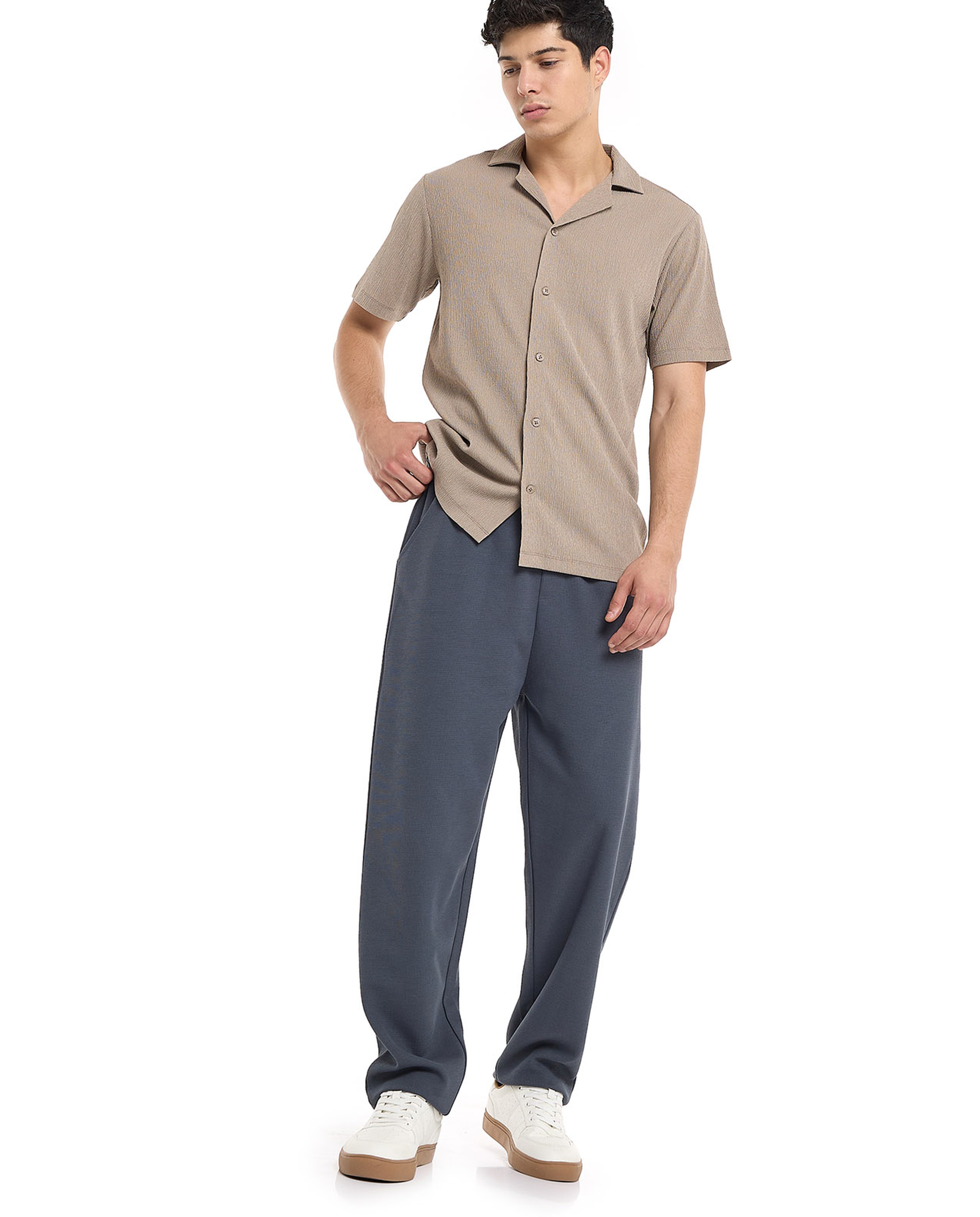 Textured Shirt with Revere Collar and Short Sleeves