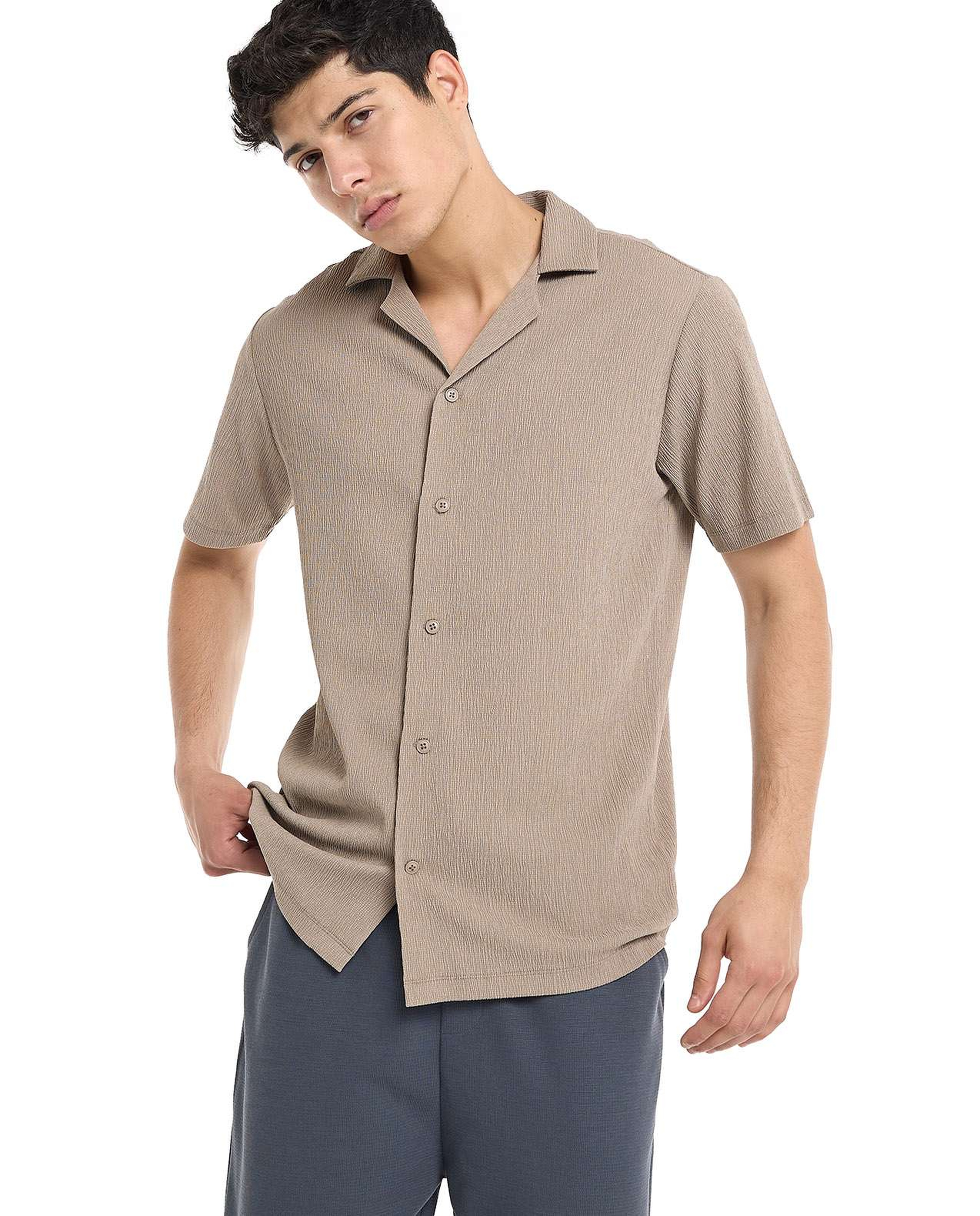 Textured Shirt with Revere Collar and Short Sleeves