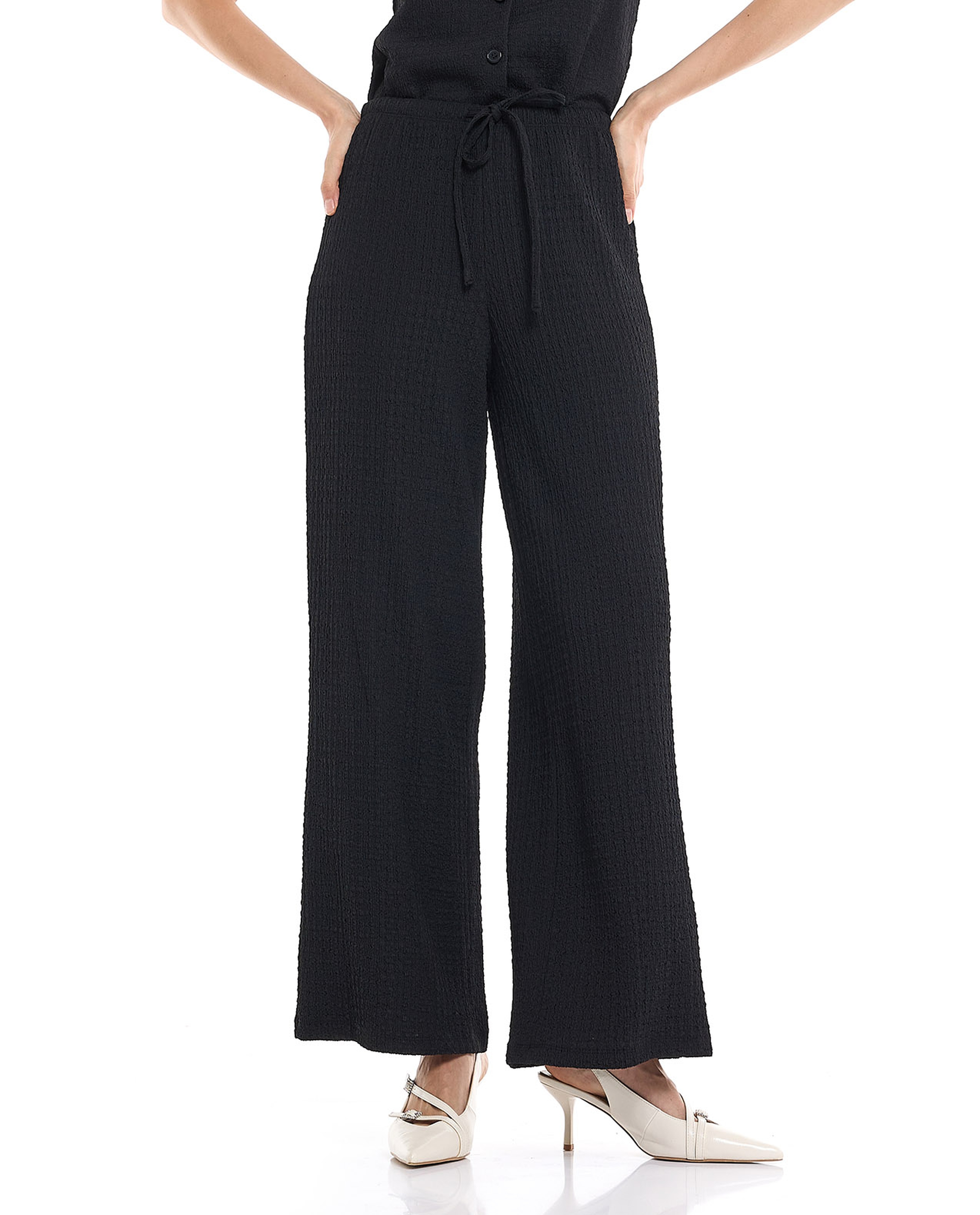Textured Wide Leg Pants with Elastic Waist