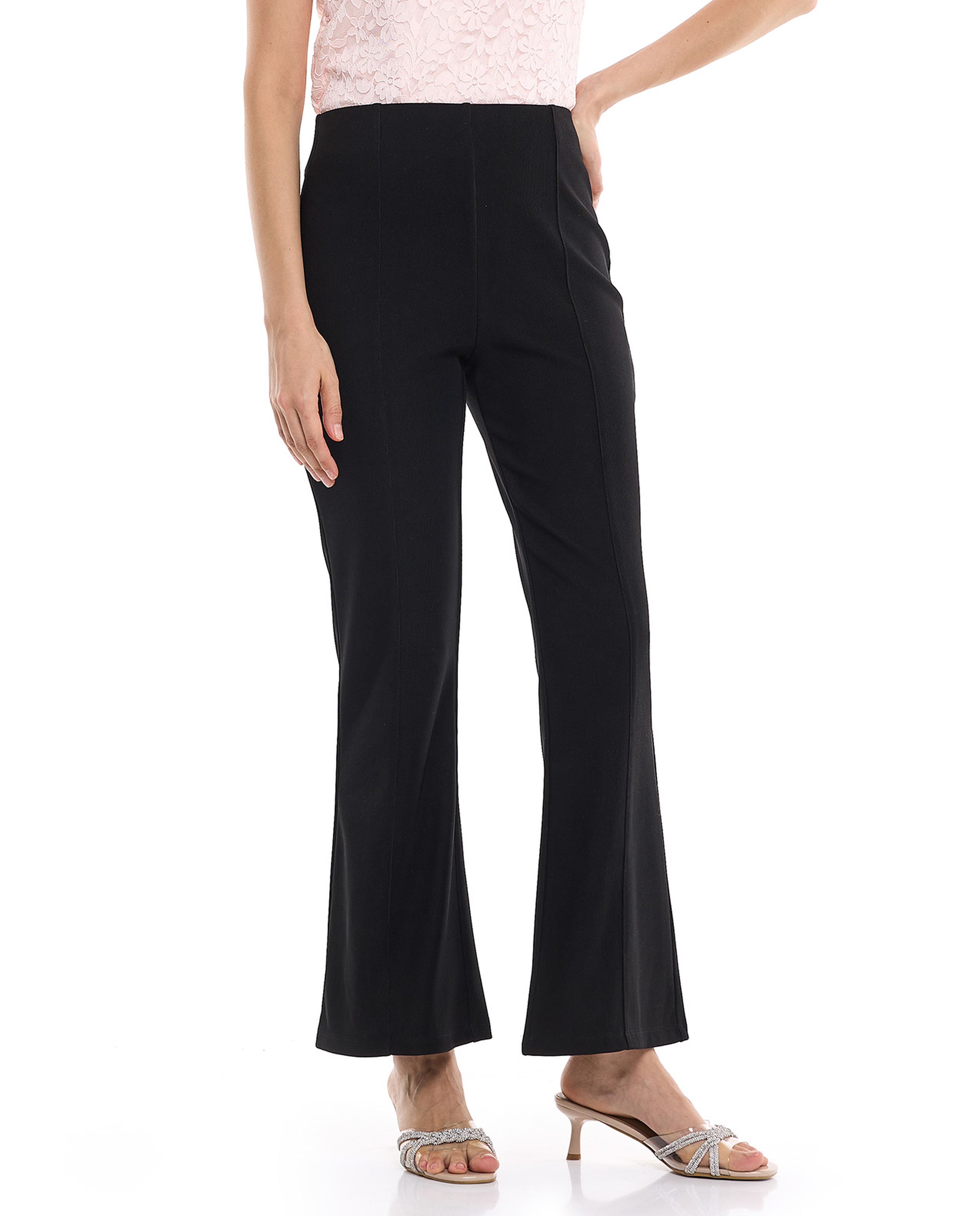 Textured Flared Pants with Zipper Closure