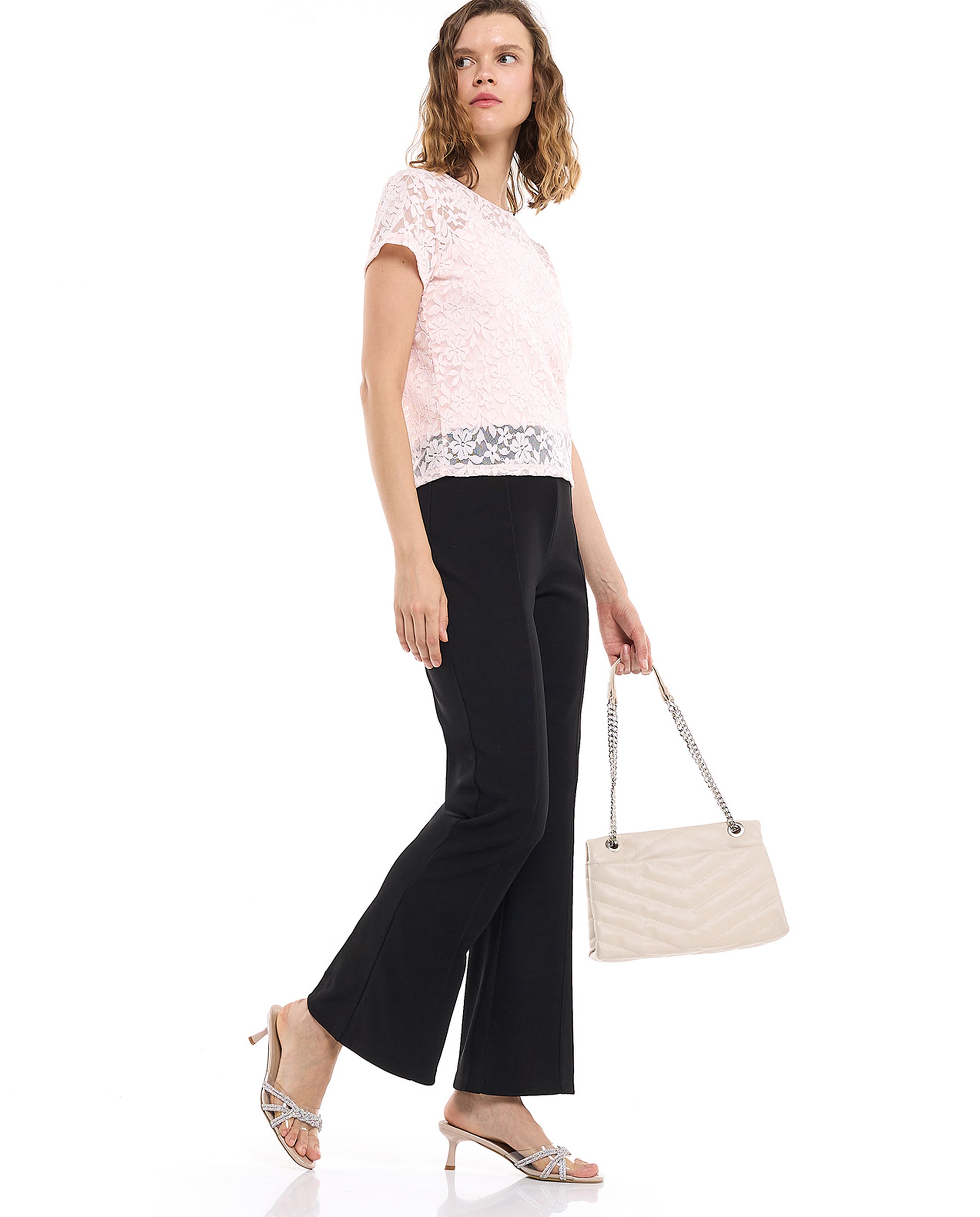 Textured Flared Pants with Zipper Closure