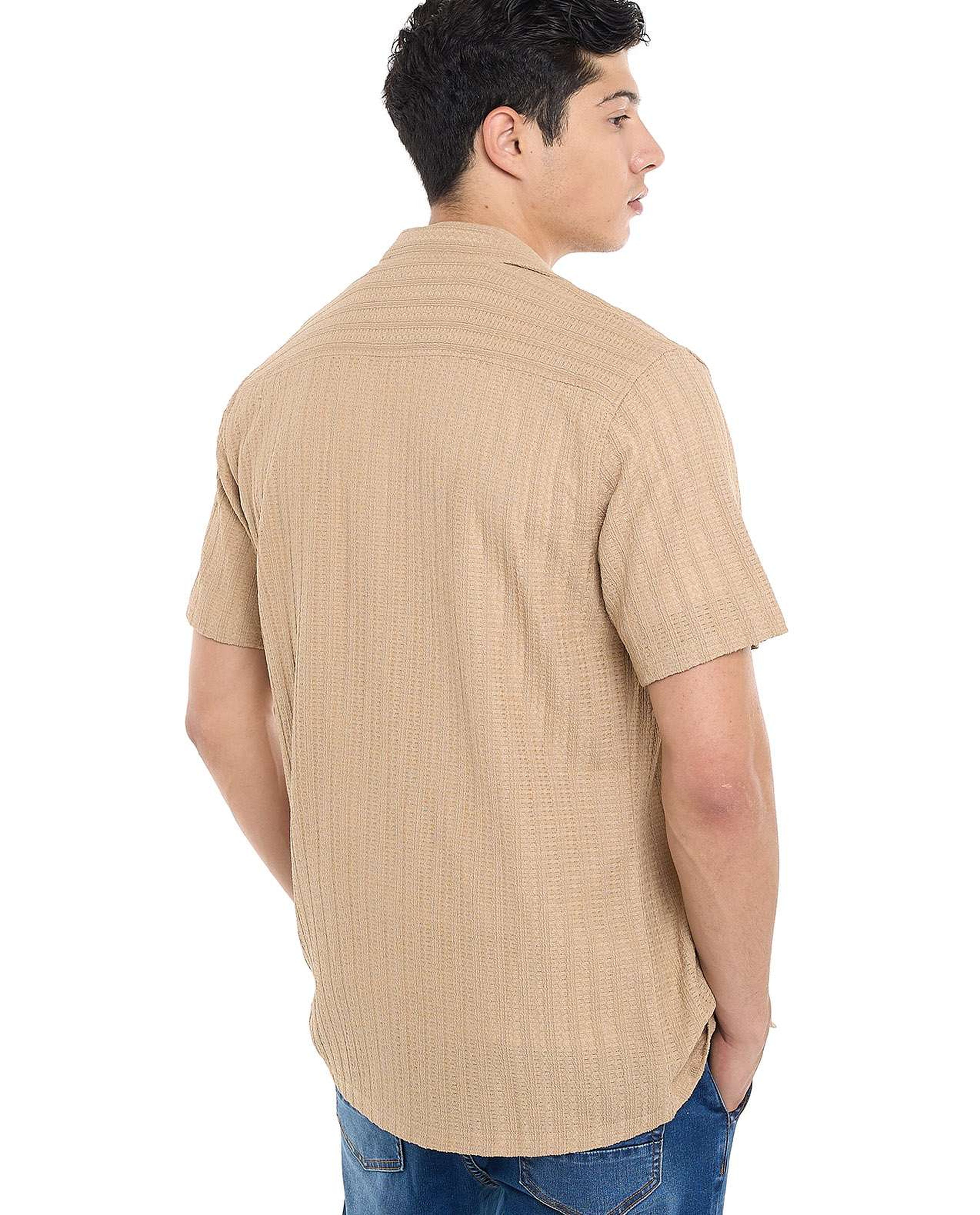 Striped Shirt with Revere Collar and Short Sleeves
