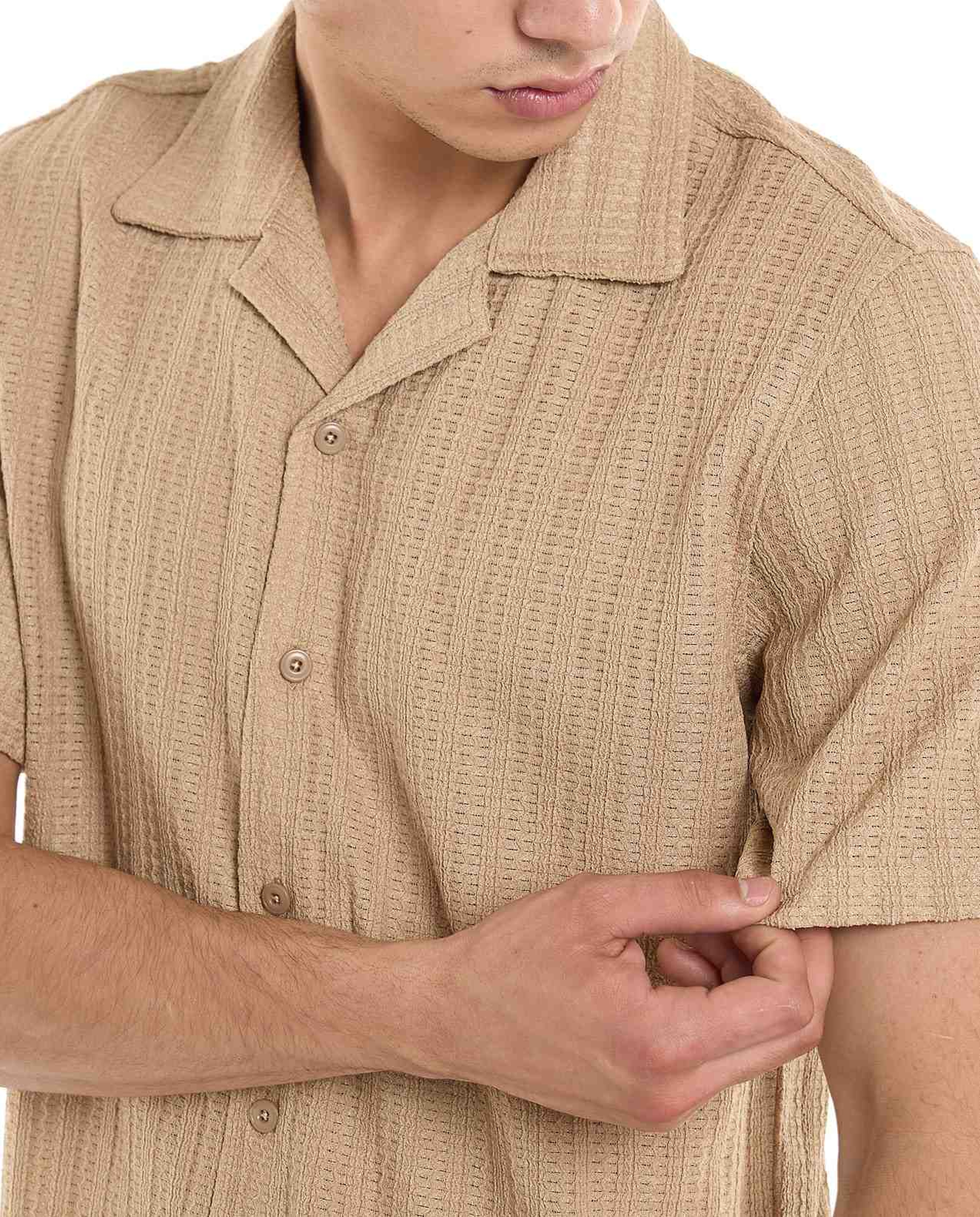 Striped Shirt with Revere Collar and Short Sleeves