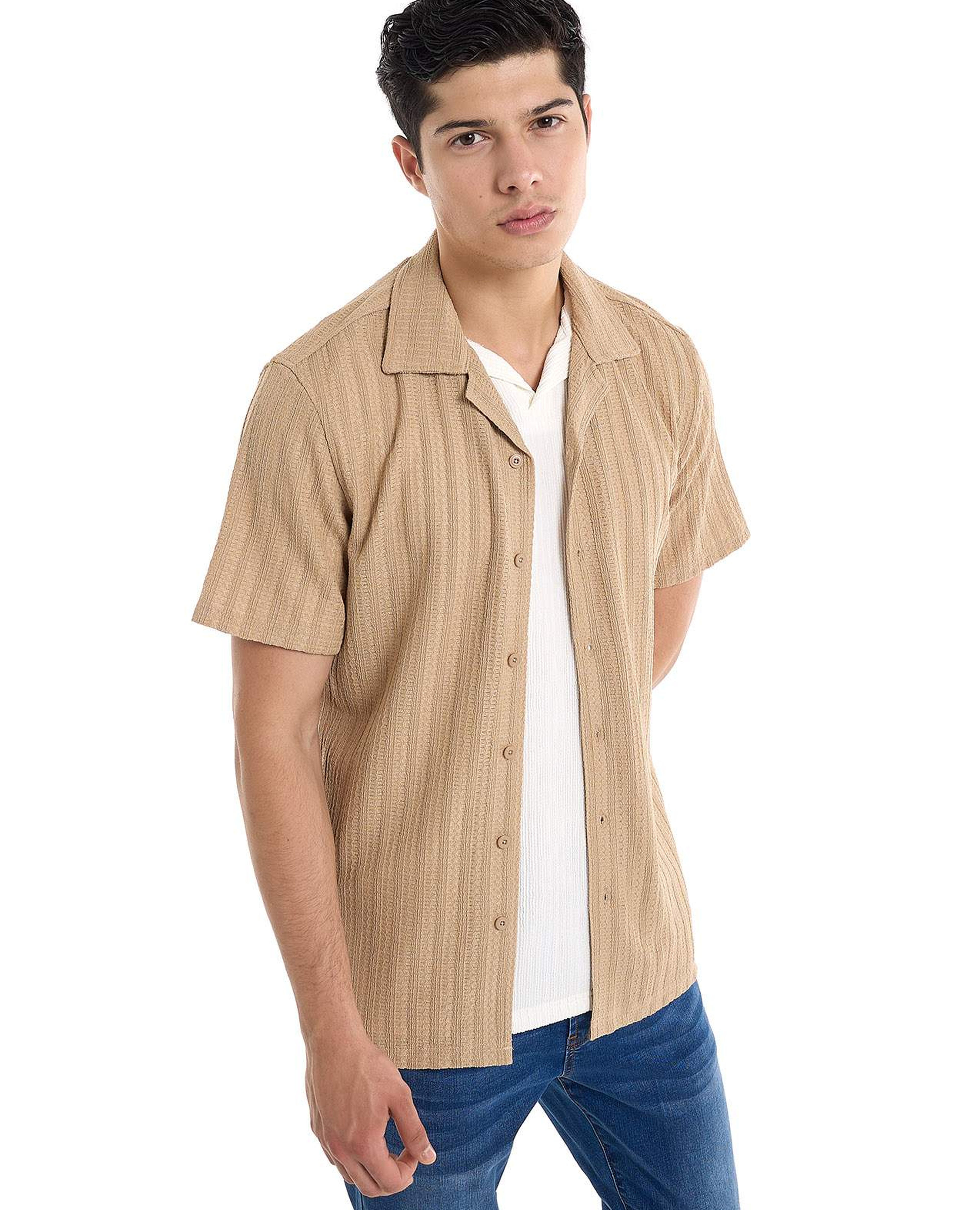 Striped Shirt with Revere Collar and Short Sleeves