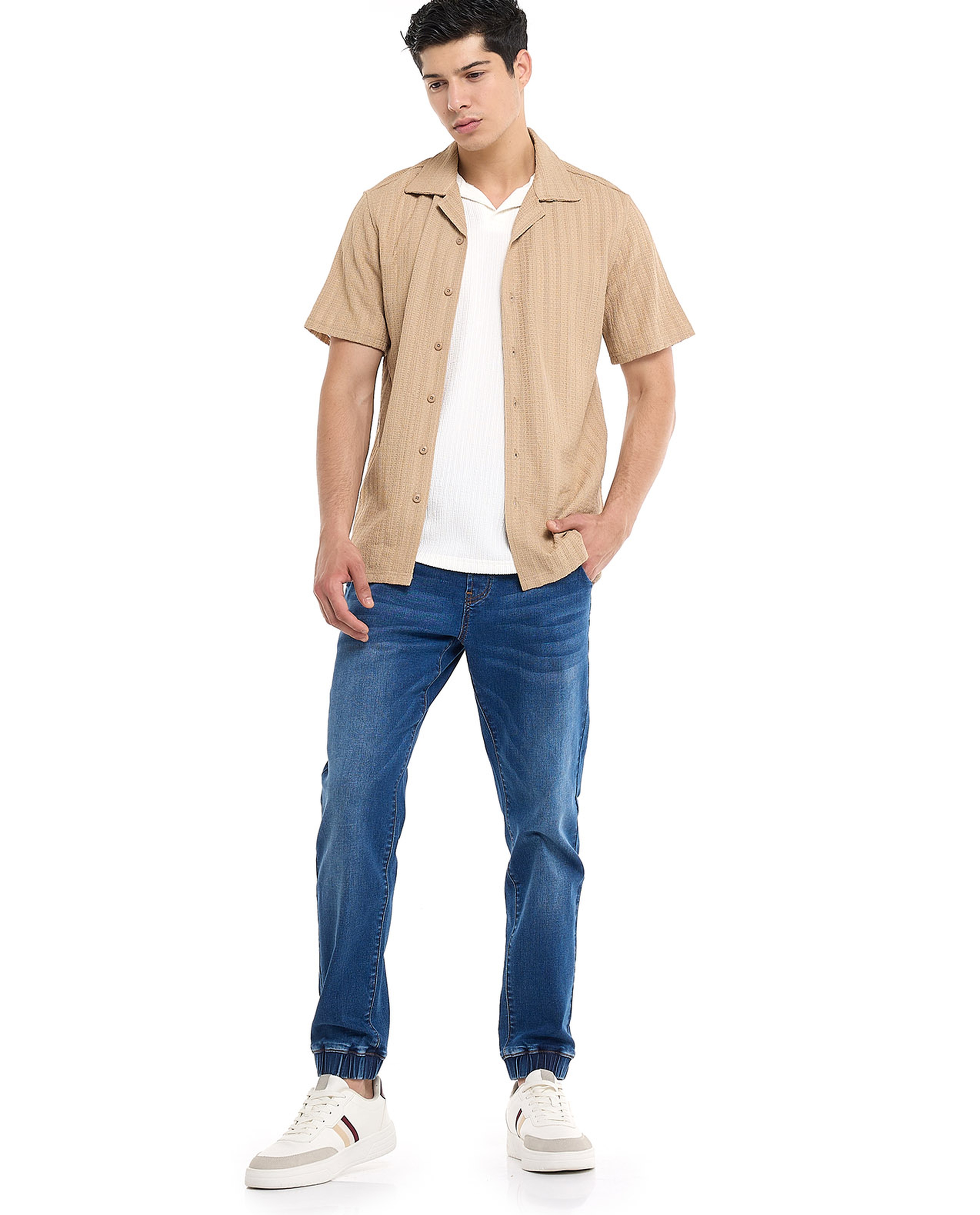 Striped Shirt with Revere Collar and Short Sleeves