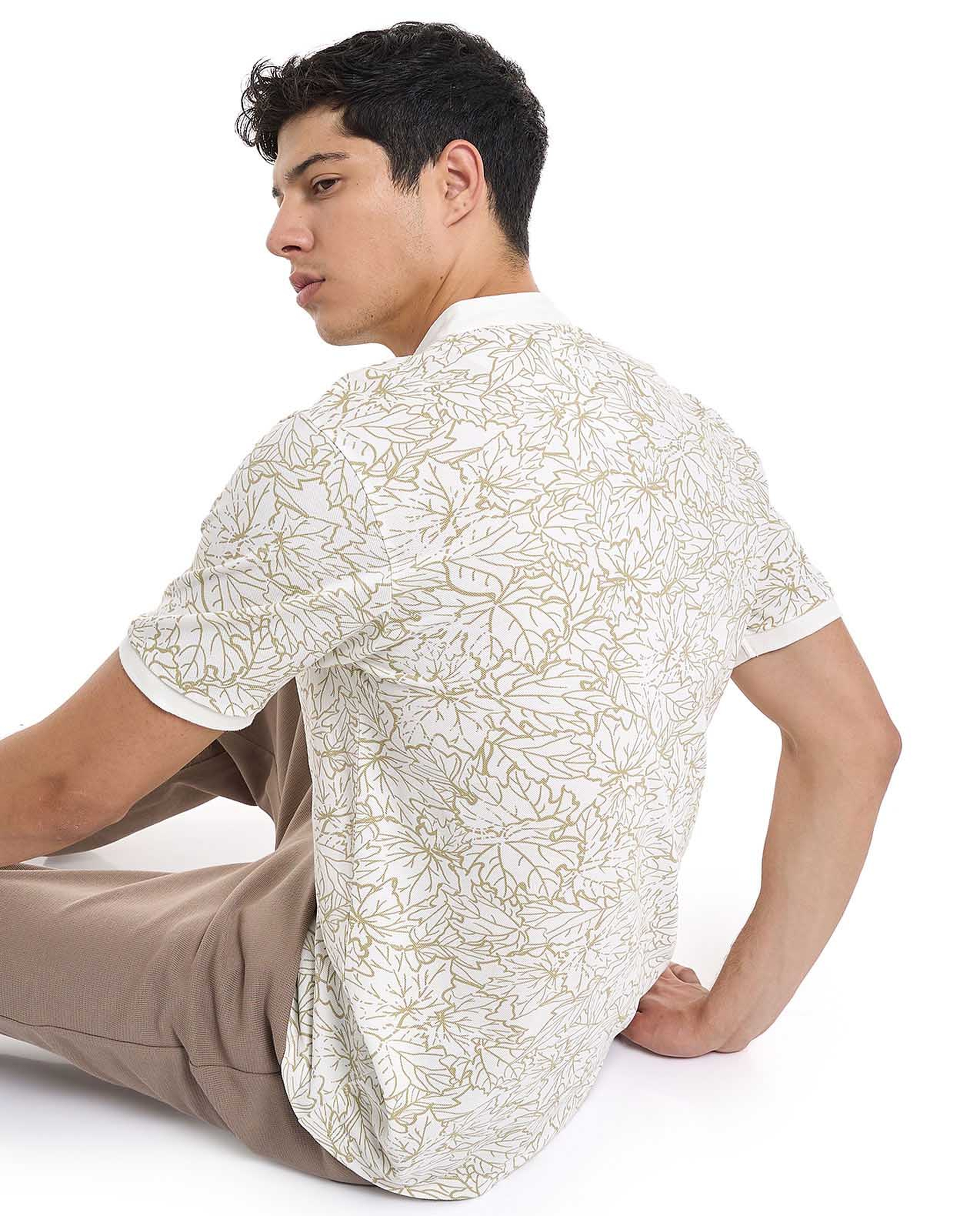 Printed T-Shirt with Stand Collar and Short Sleeves