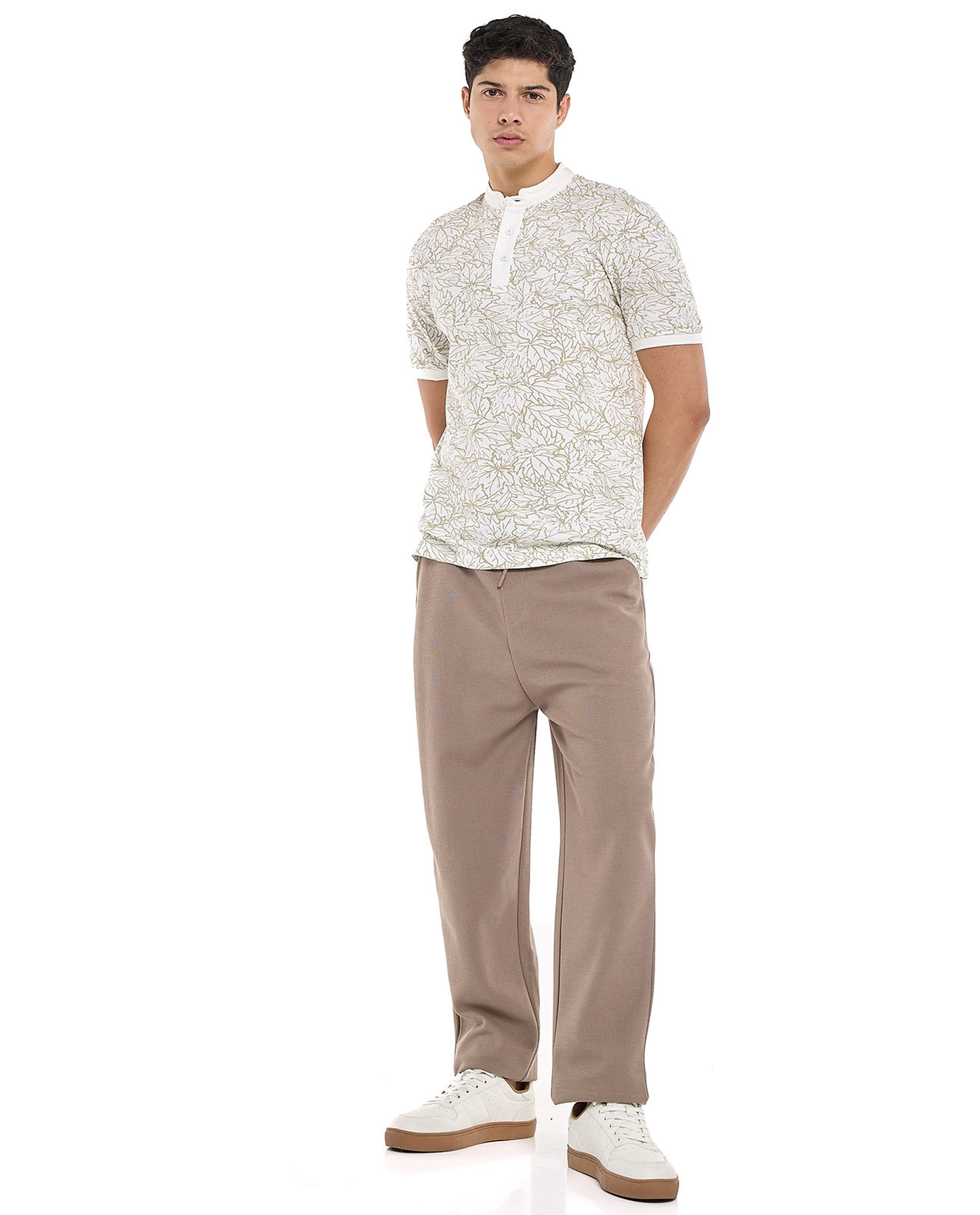 Printed T-Shirt with Stand Collar and Short Sleeves