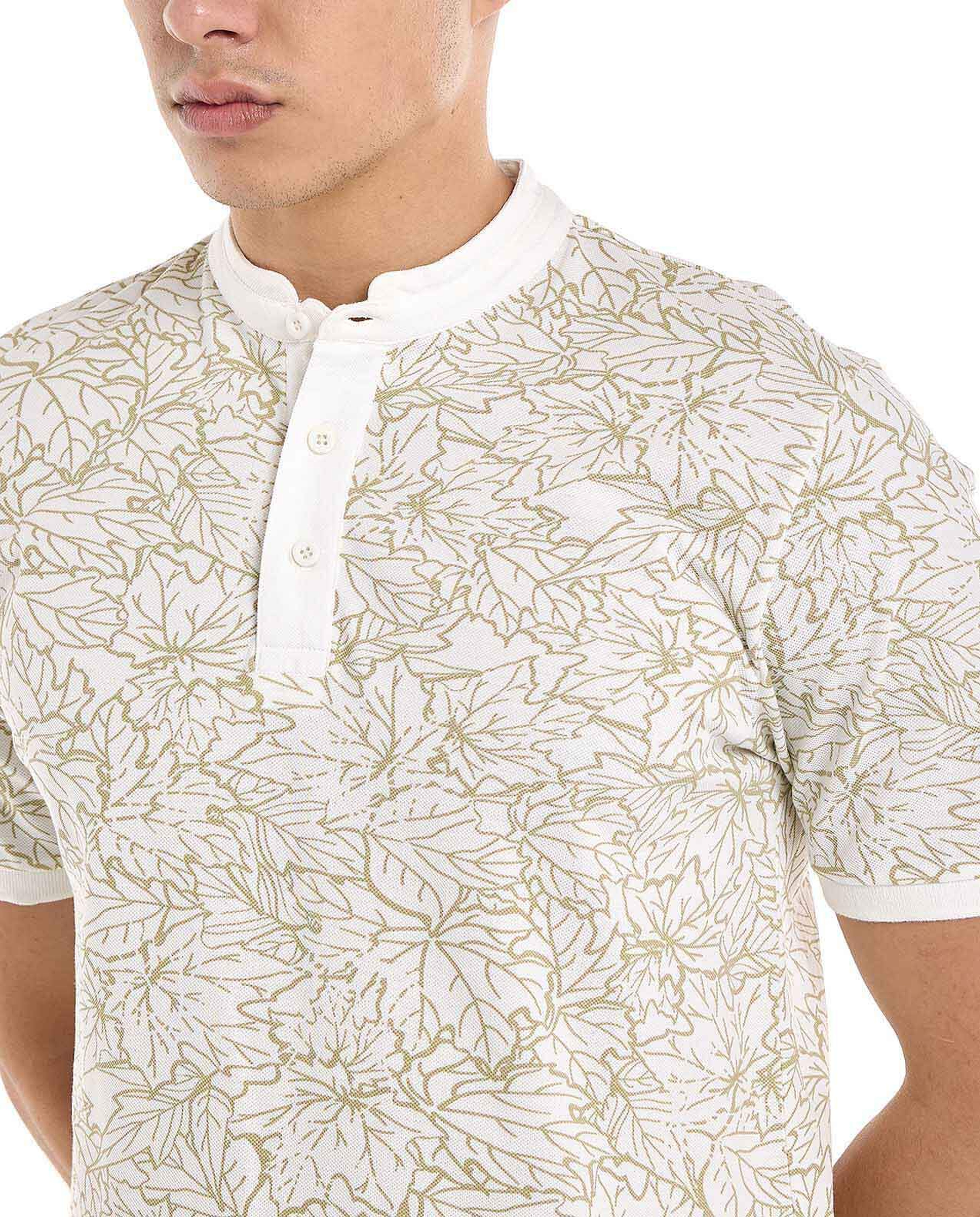 Printed T-Shirt with Stand Collar and Short Sleeves