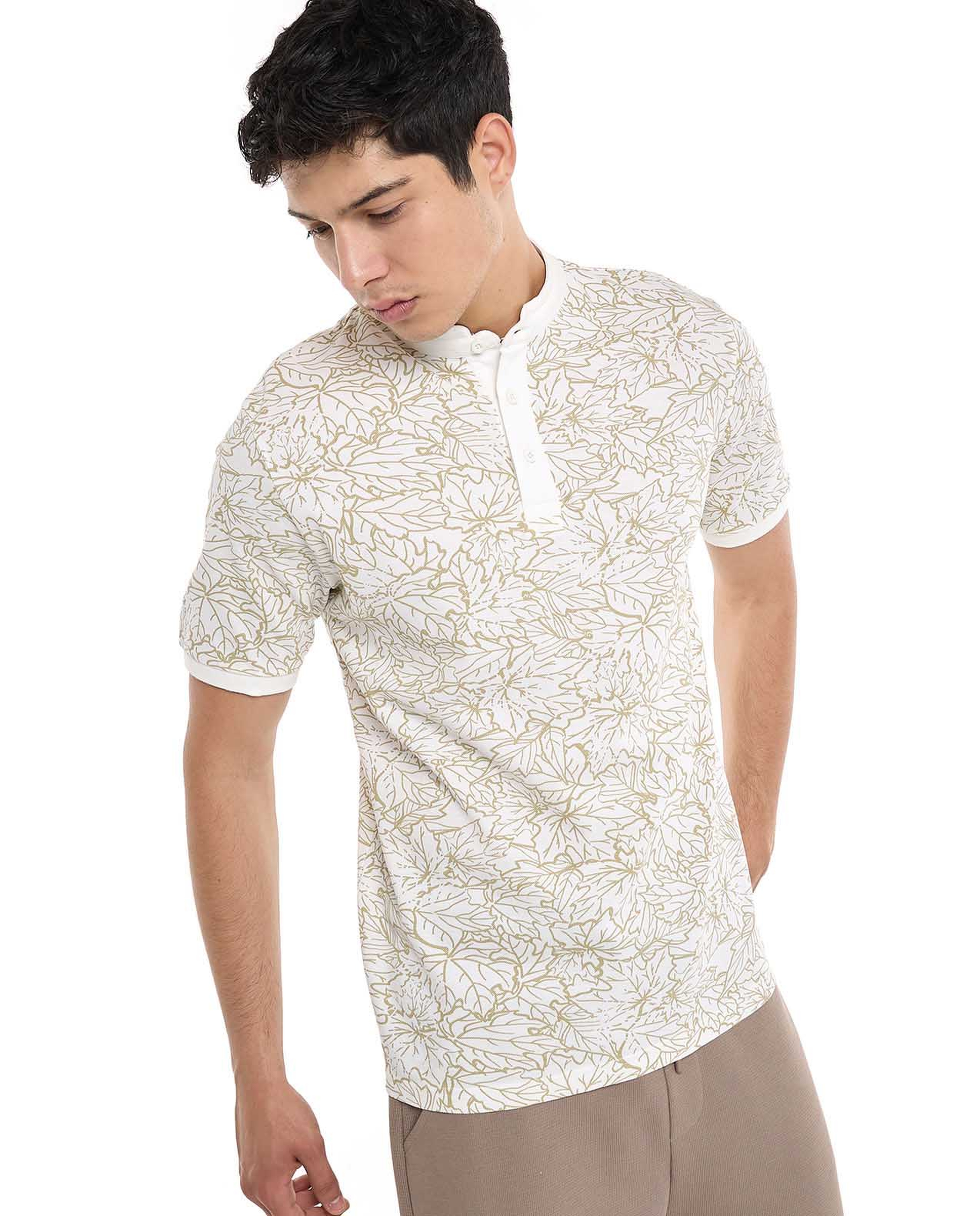 Printed T-Shirt with Stand Collar and Short Sleeves