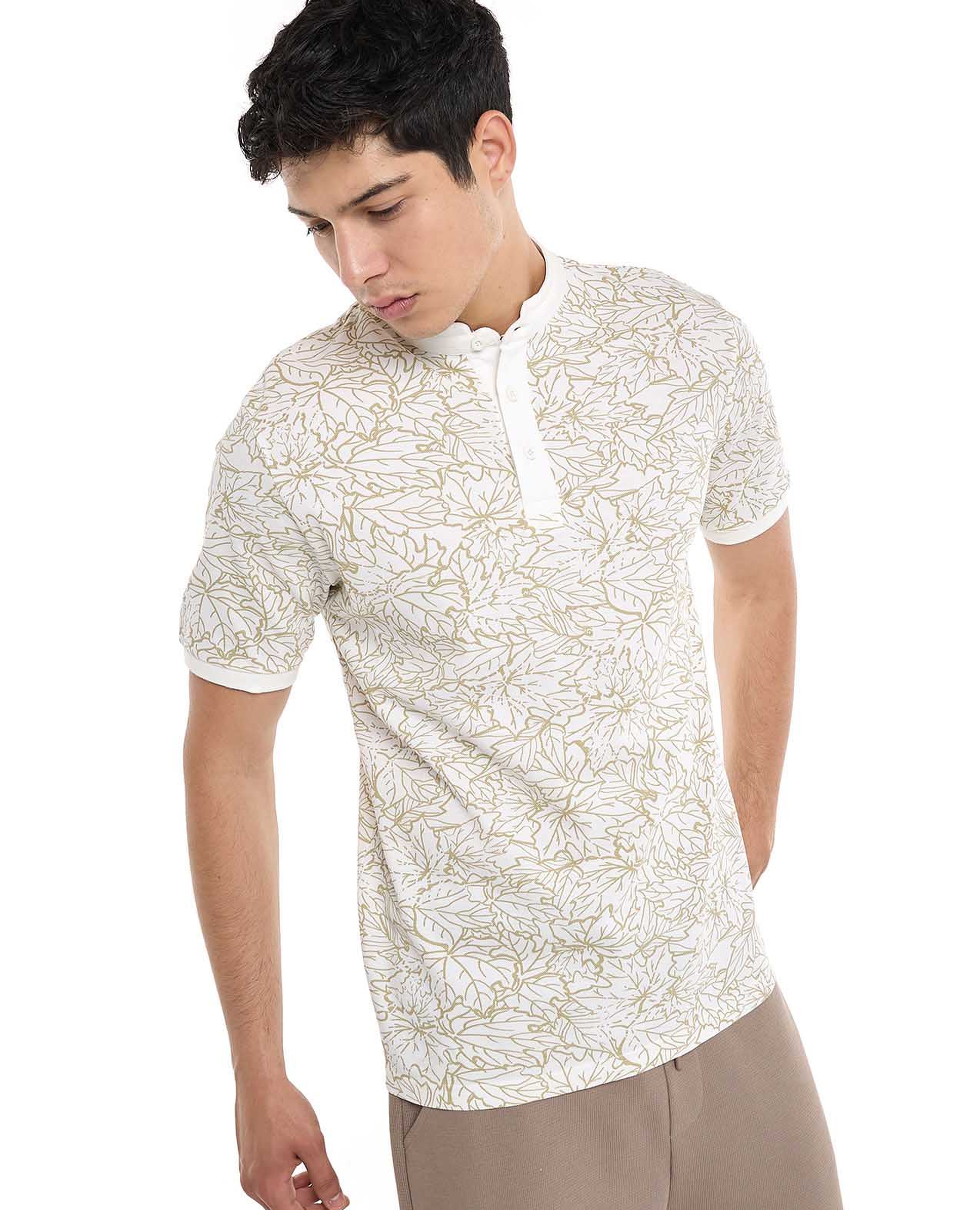 Printed T-Shirt with Stand Collar and Short Sleeves