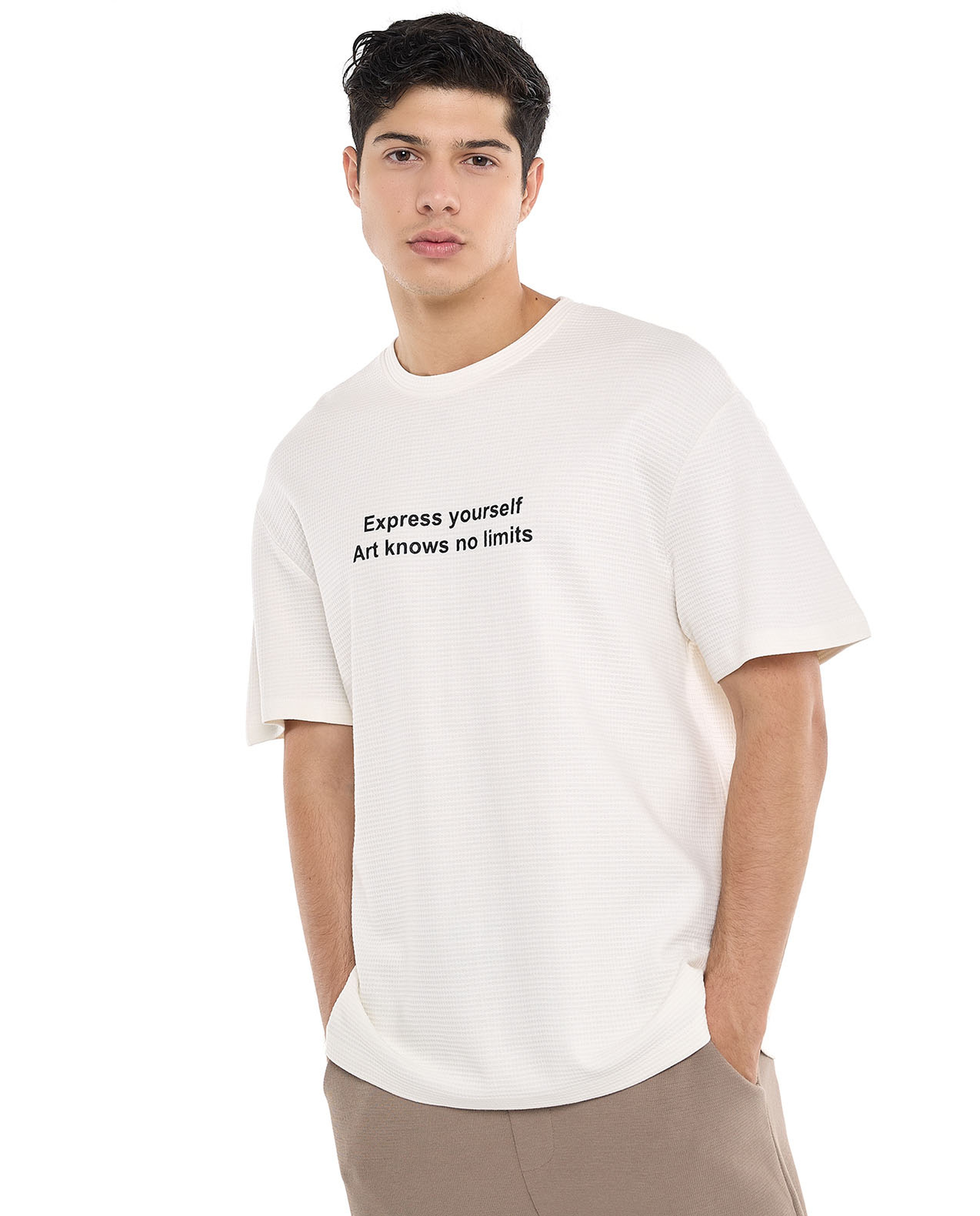 Typography Print T-Shirt with Crew Neck and Short Sleeves
