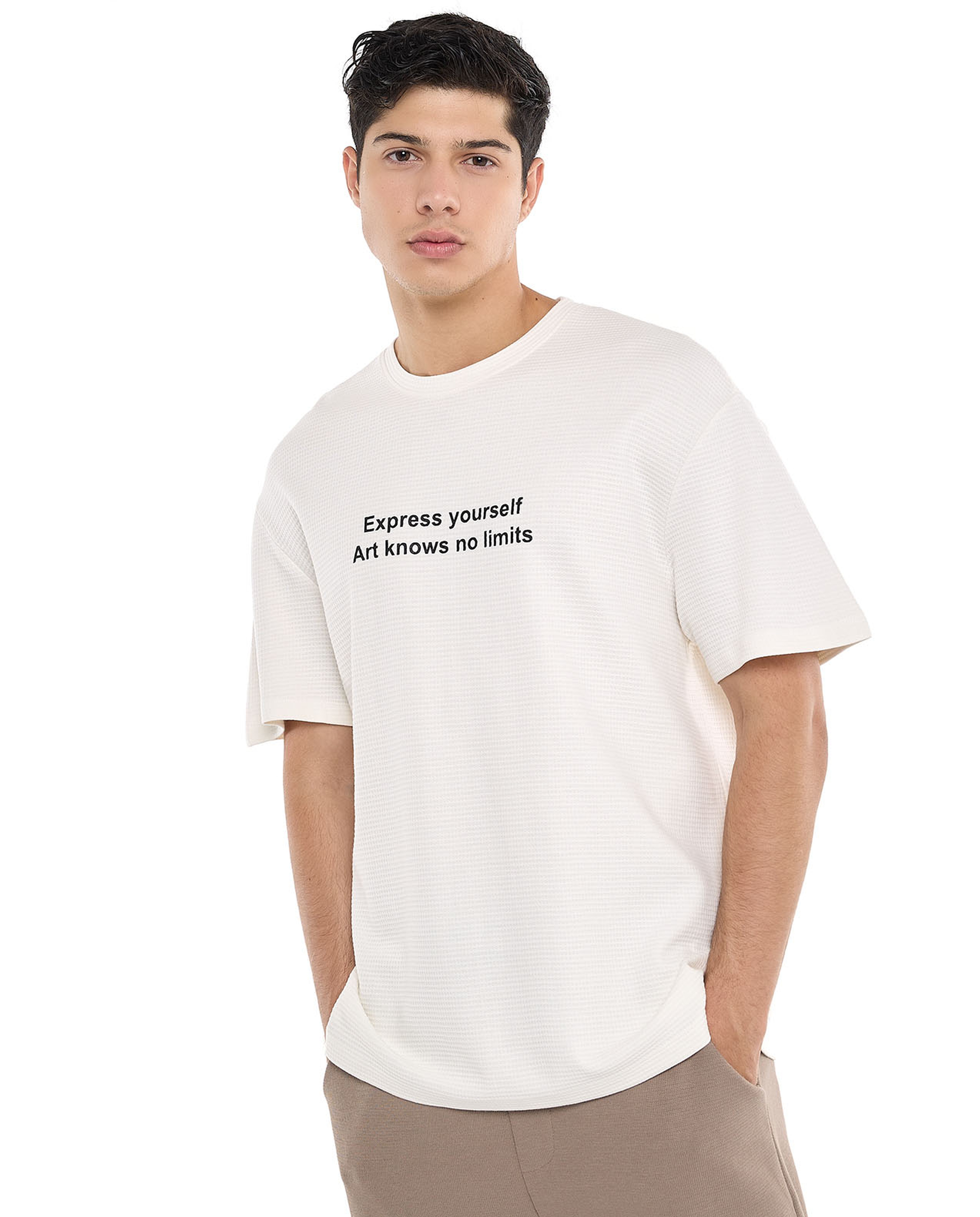 Typography Print T-Shirt with Crew Neck and Short Sleeves