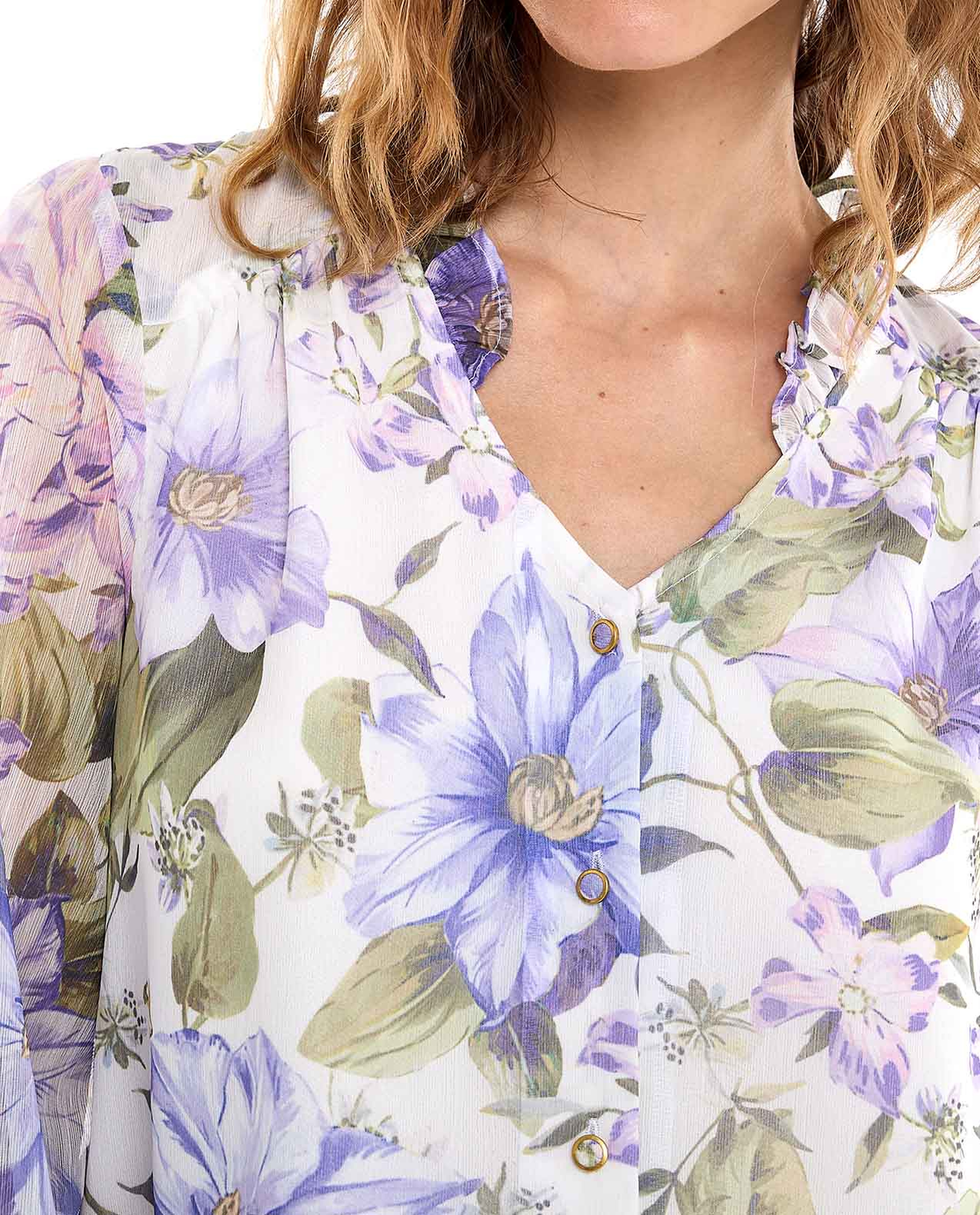 Floral Print Top with V-Neck and Long Sleeves