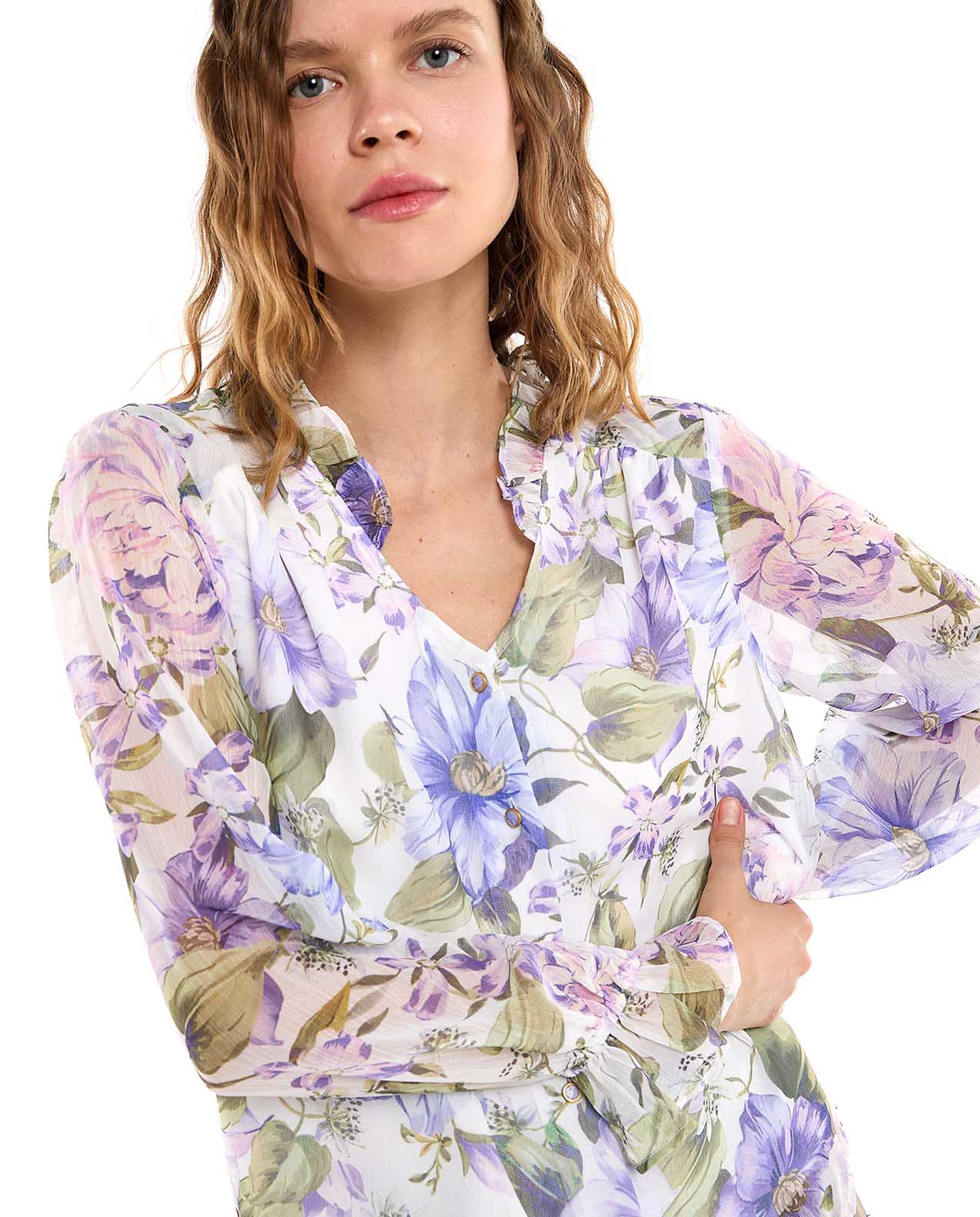 Floral Print Top with V-Neck and Long Sleeves