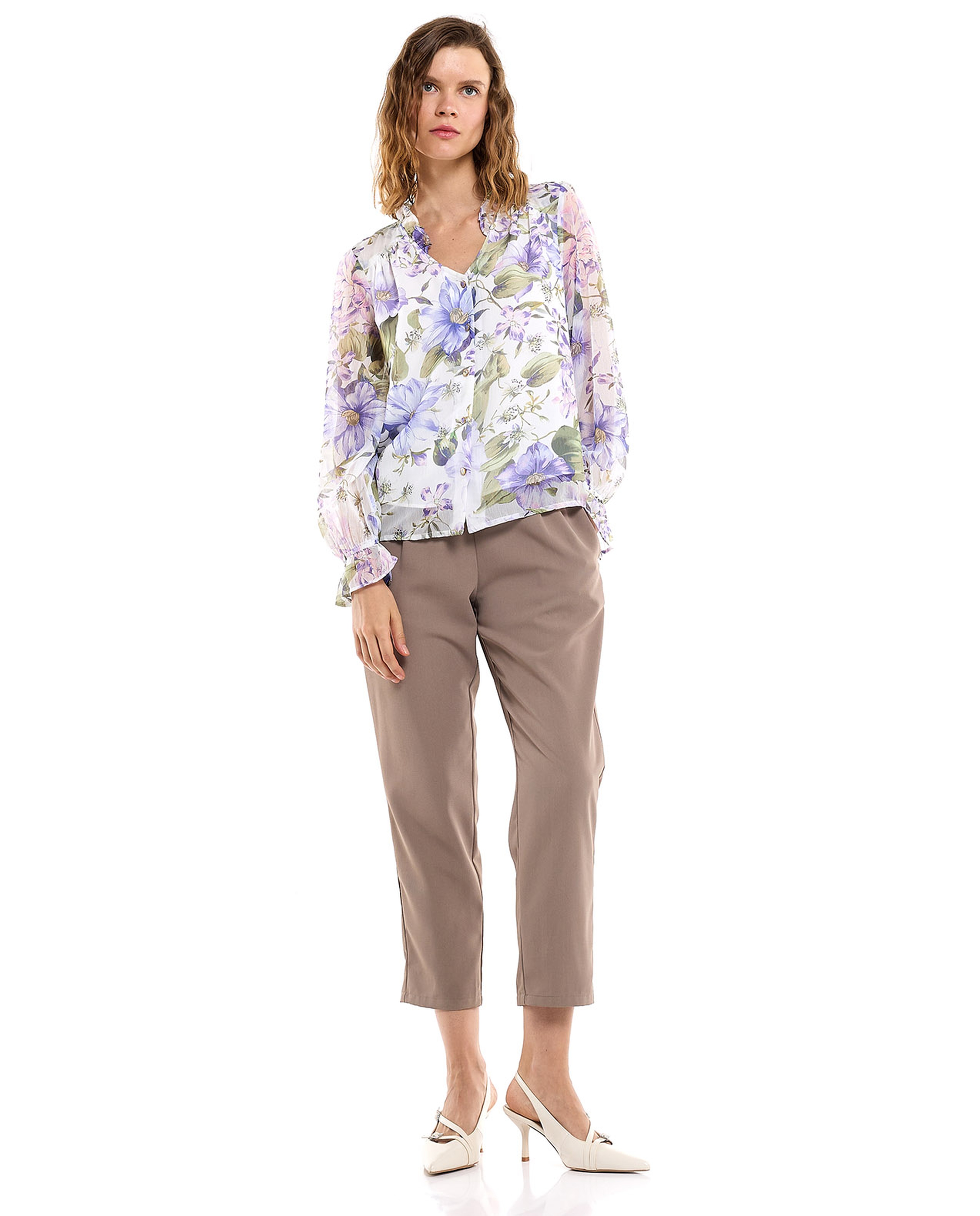 Floral Print Top with V-Neck and Long Sleeves