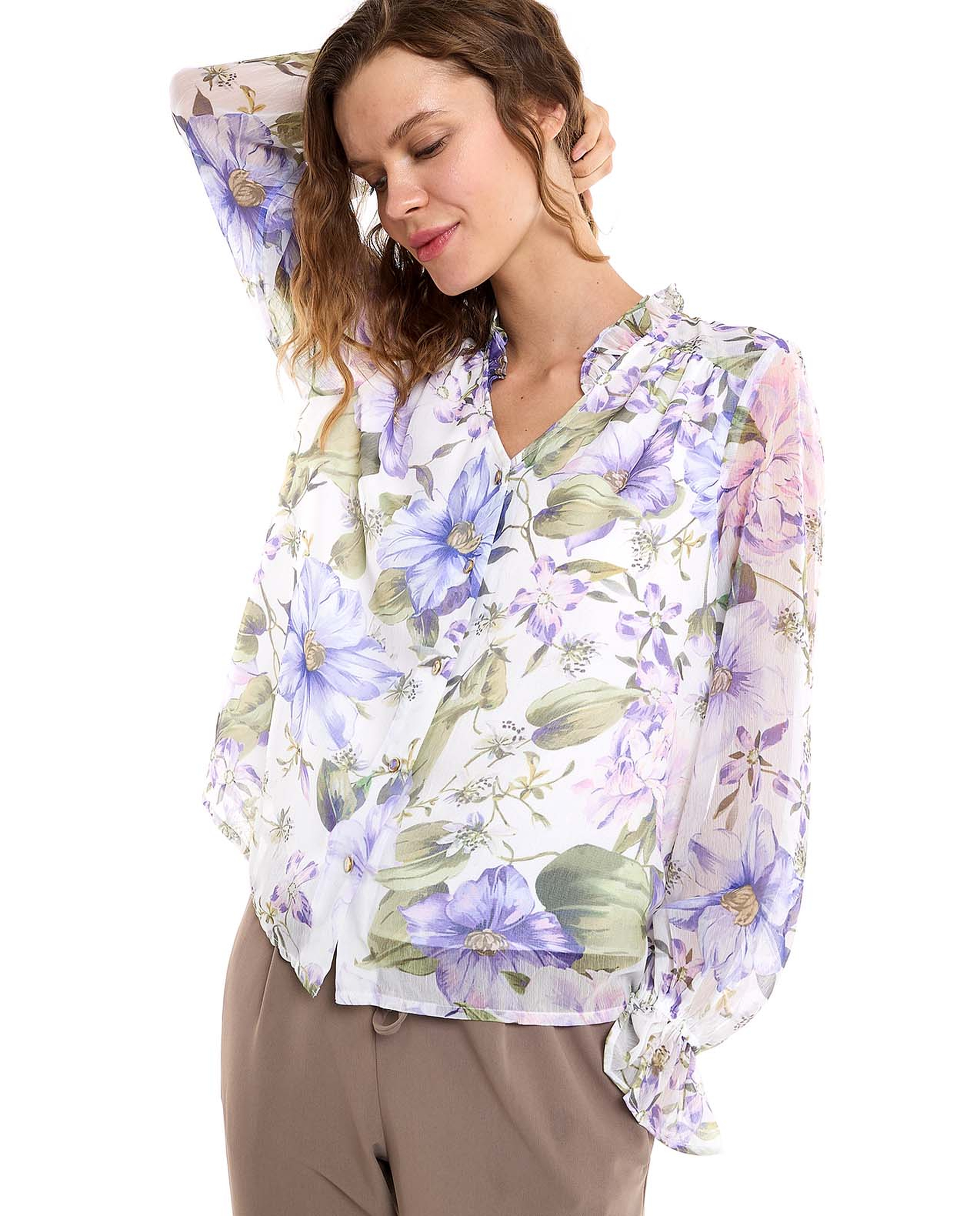 Floral Print Top with V-Neck and Long Sleeves